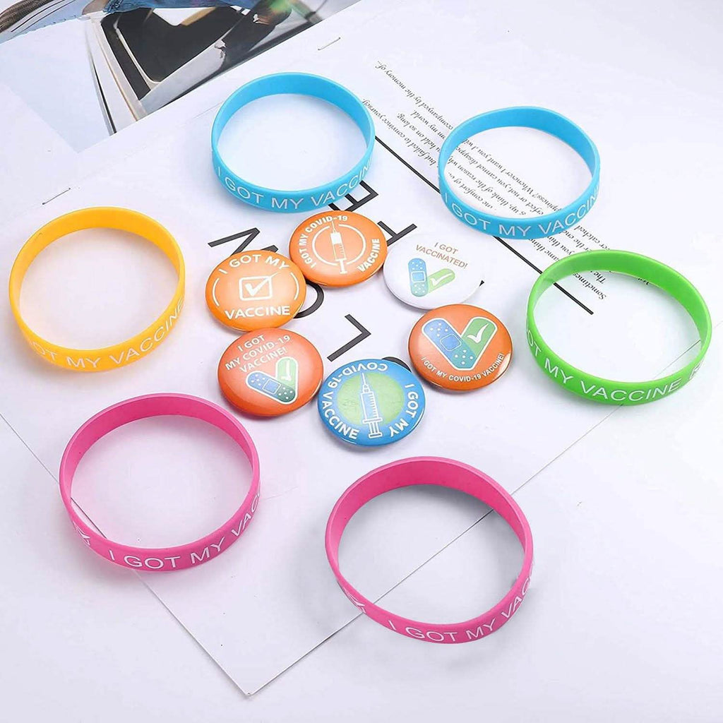 12-Pack: I Got My Covid-19 Vaccine Wristband Bracelets with Badges