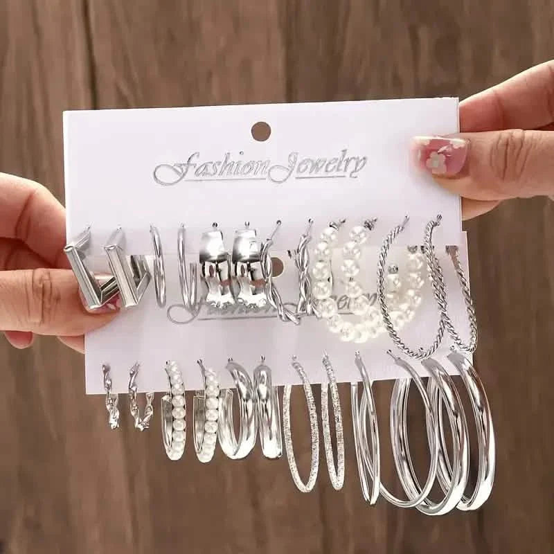 12-Pairs: Gold Hoop Earrings with Faux Pearl Decor Set