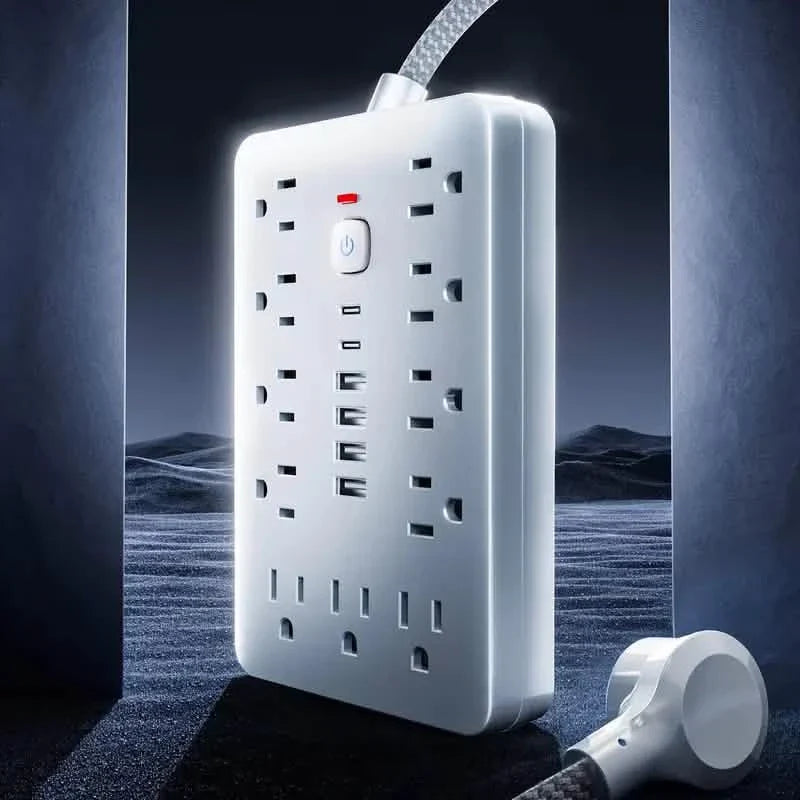 17-in-1 Surge Protector Power Cord 5Ft Braided Flat Extension Cable with 6 USB Chargers, 2 USB C, 11 AC Power Outlets