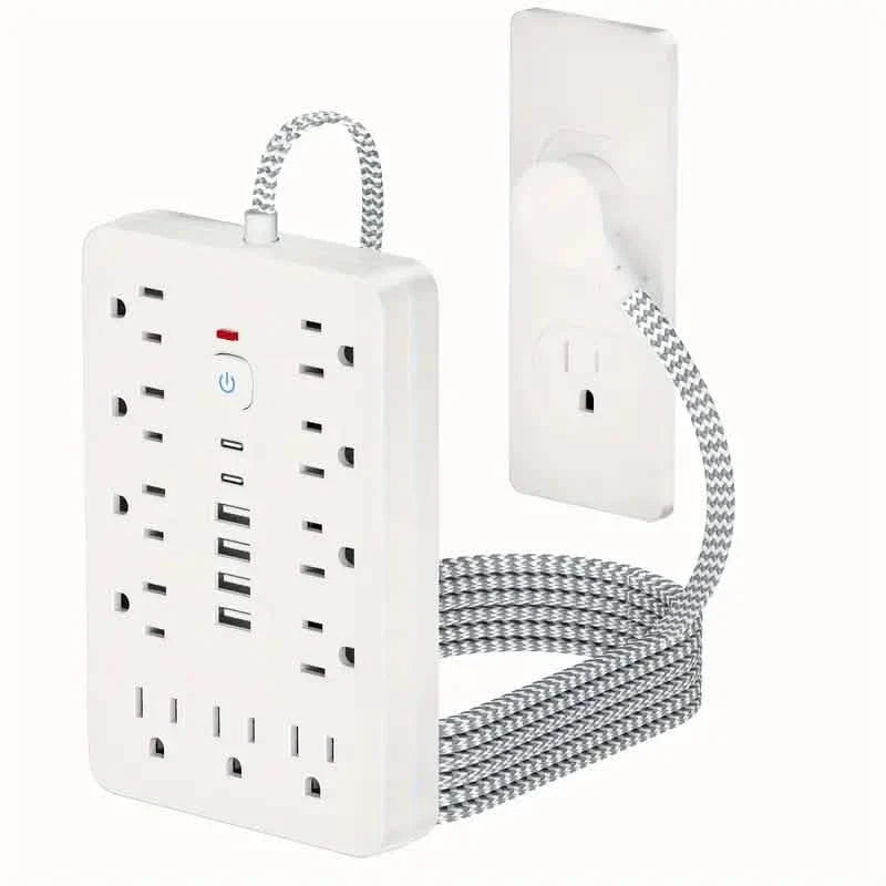 17-in-1 Surge Protector Power Cord 5Ft Braided Flat Extension Cable with 6 USB Chargers, 2 USB C, 11 AC Power Outlets