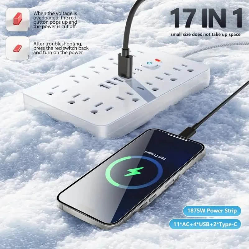 17-in-1 Surge Protector Power Cord 5Ft Braided Flat Extension Cable with 6 USB Chargers, 2 USB C, 11 AC Power Outlets