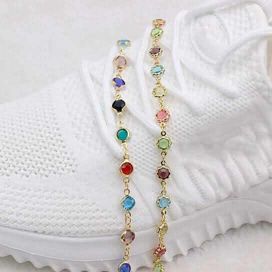 18k Gold Filled High Polish Finish Multi Color Flower Crystal Ankle Bracelet