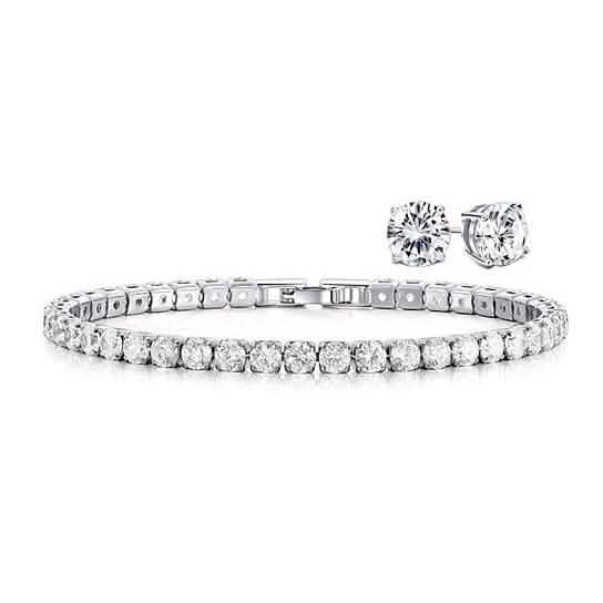 18K Gold Round Cut Tennis Bracelet and Studs Set