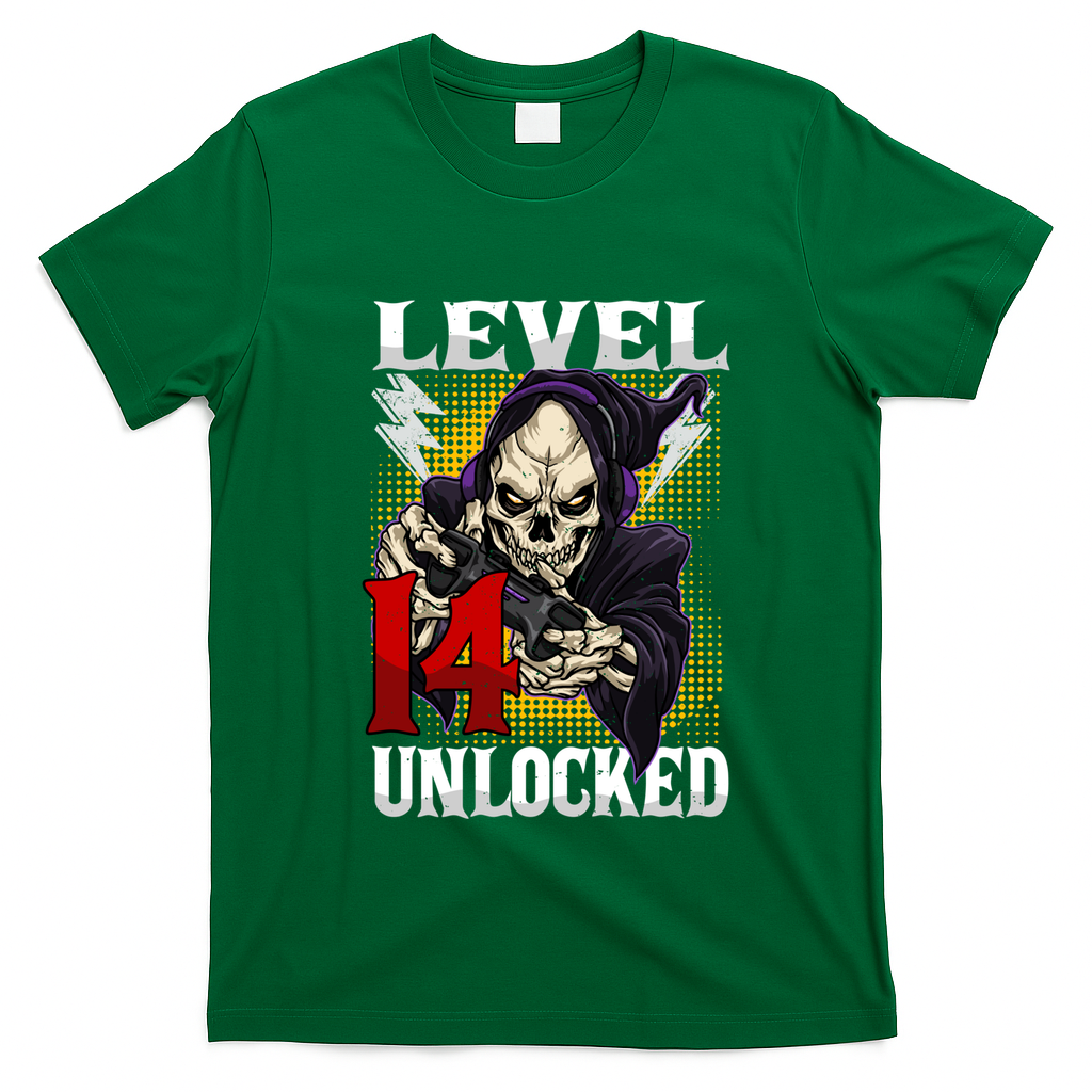 14th Birthday Gamer Skeleton Level 14 Unlocked Gaming Gift T-Shirt