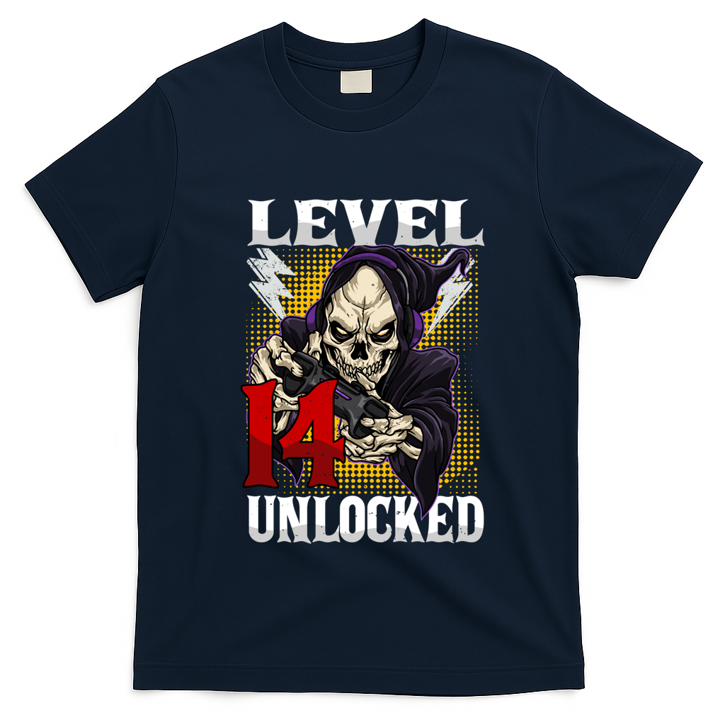 14th Birthday Gamer Skeleton Level 14 Unlocked Gaming Gift T-Shirt