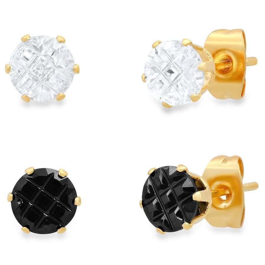 2-Pair: Stainless Steel Cubic Zirconia Diamond Cut Stud Earrings Set
