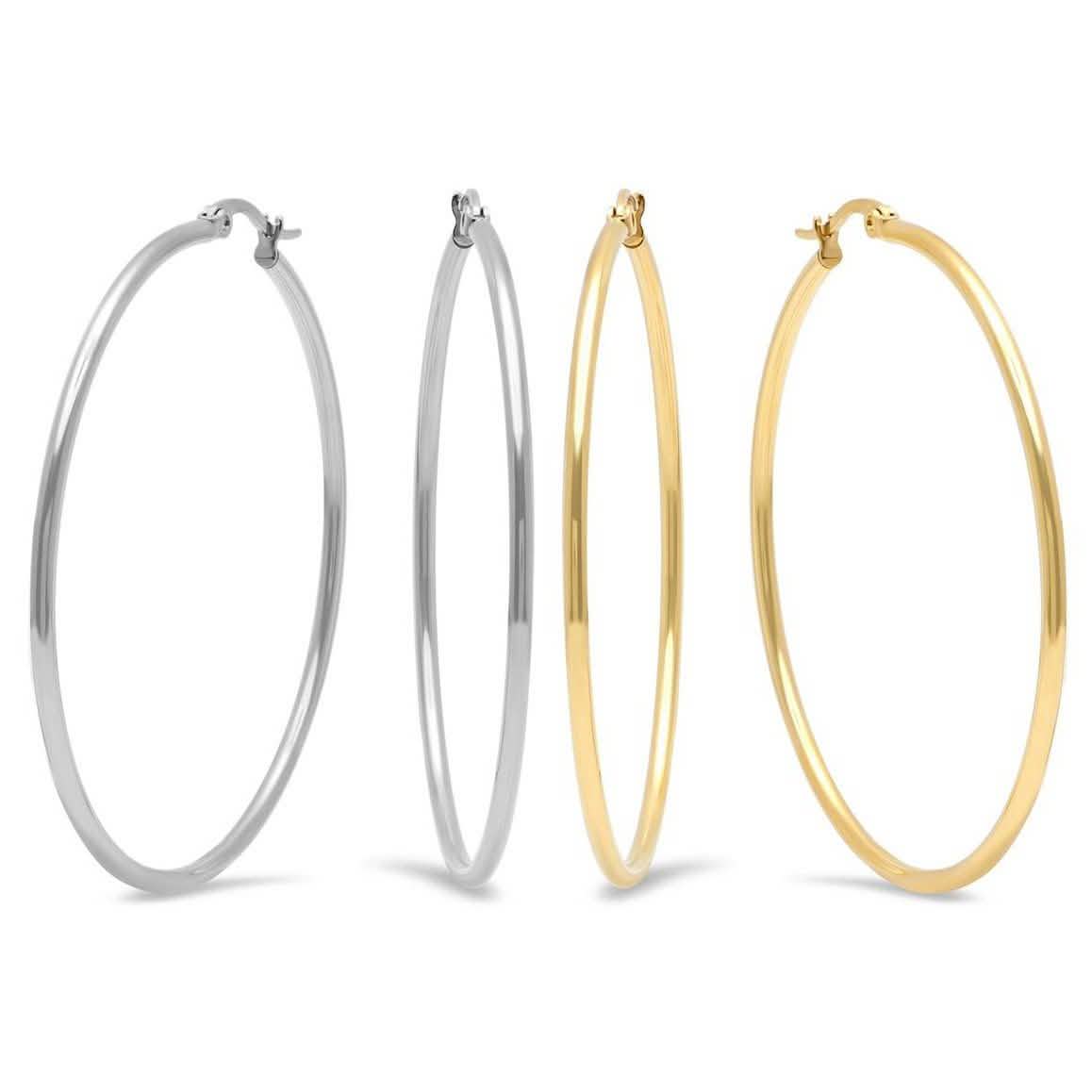 2-Pairs: Stainless Steel 50mm Hoop Earring Set