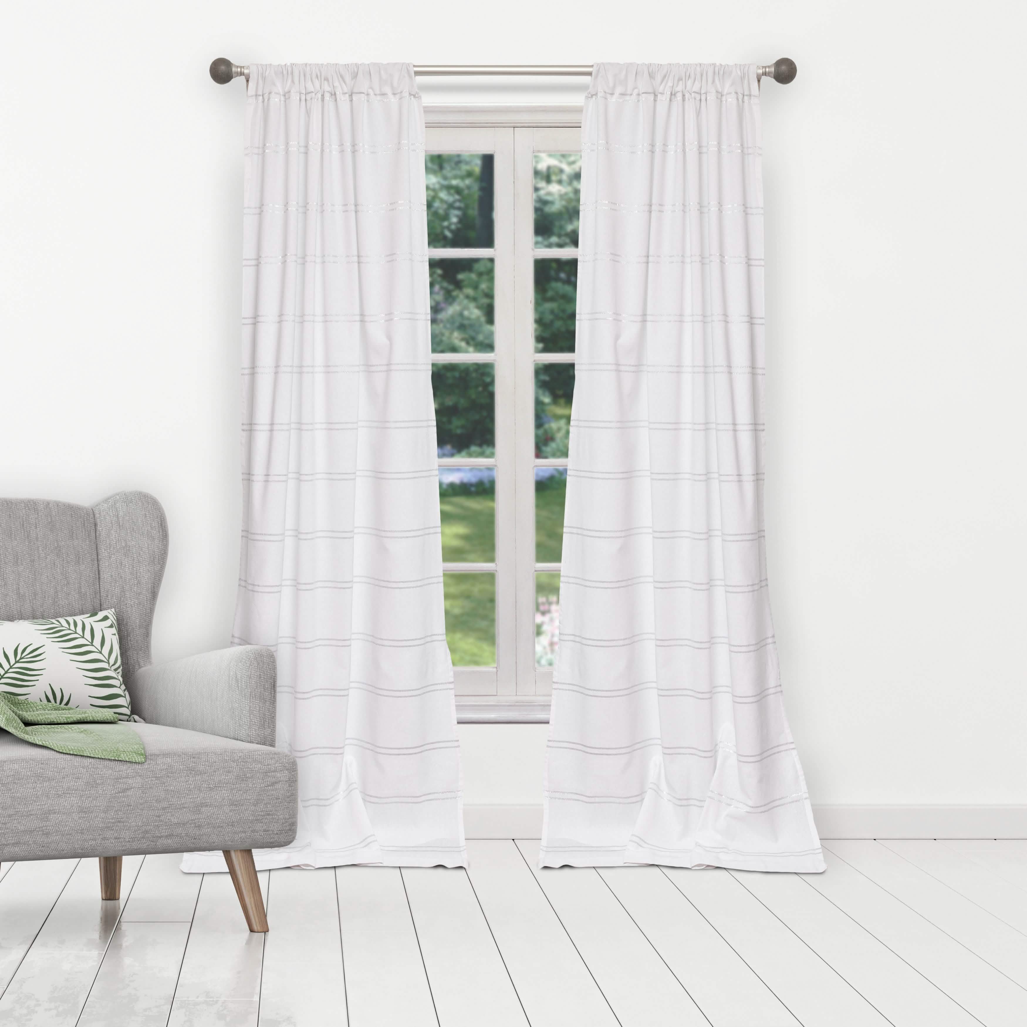 2-Piece Set: 100% Cotton Striped Pole Top Window Curtain Panel Pair