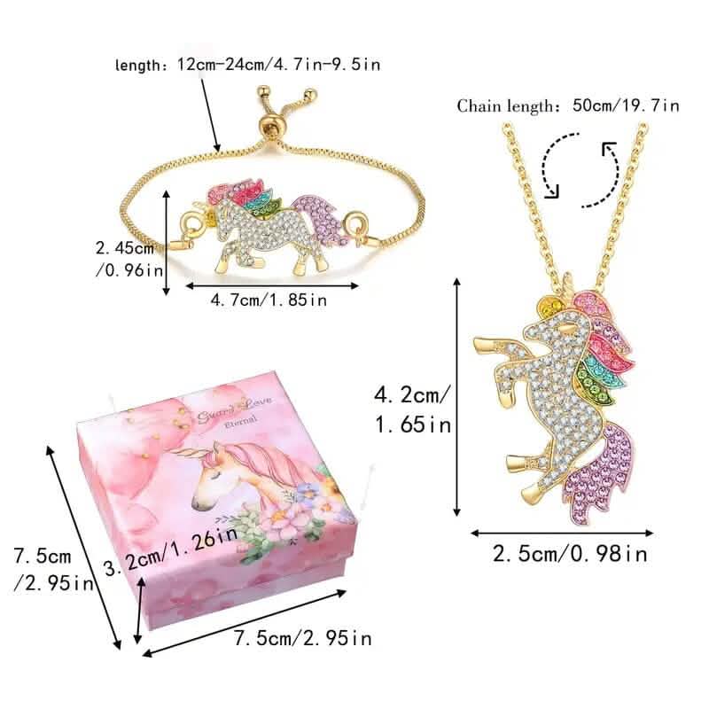 2-Piece Set: Rainbow-Colored Unicorn Necklace and Bracelet
