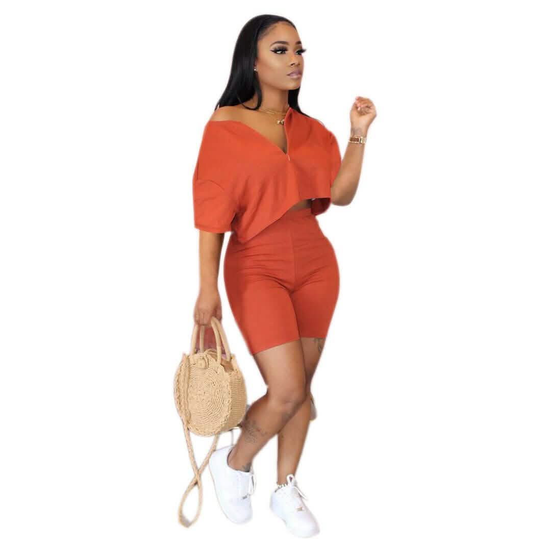 2-Piece Set: Women Solid Color Short Sleeves Zipper Casual Jumpsuit Outfits