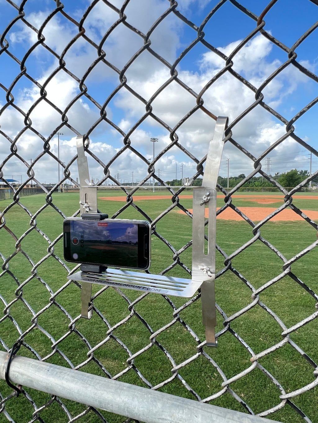 Stainless Steel Game Frame - The Ultimate Cell Phone, GoPro or Mevo Action Camera Fence Mount for Chain Link Fence (Softball, Baseball, Tennis) Made In USA