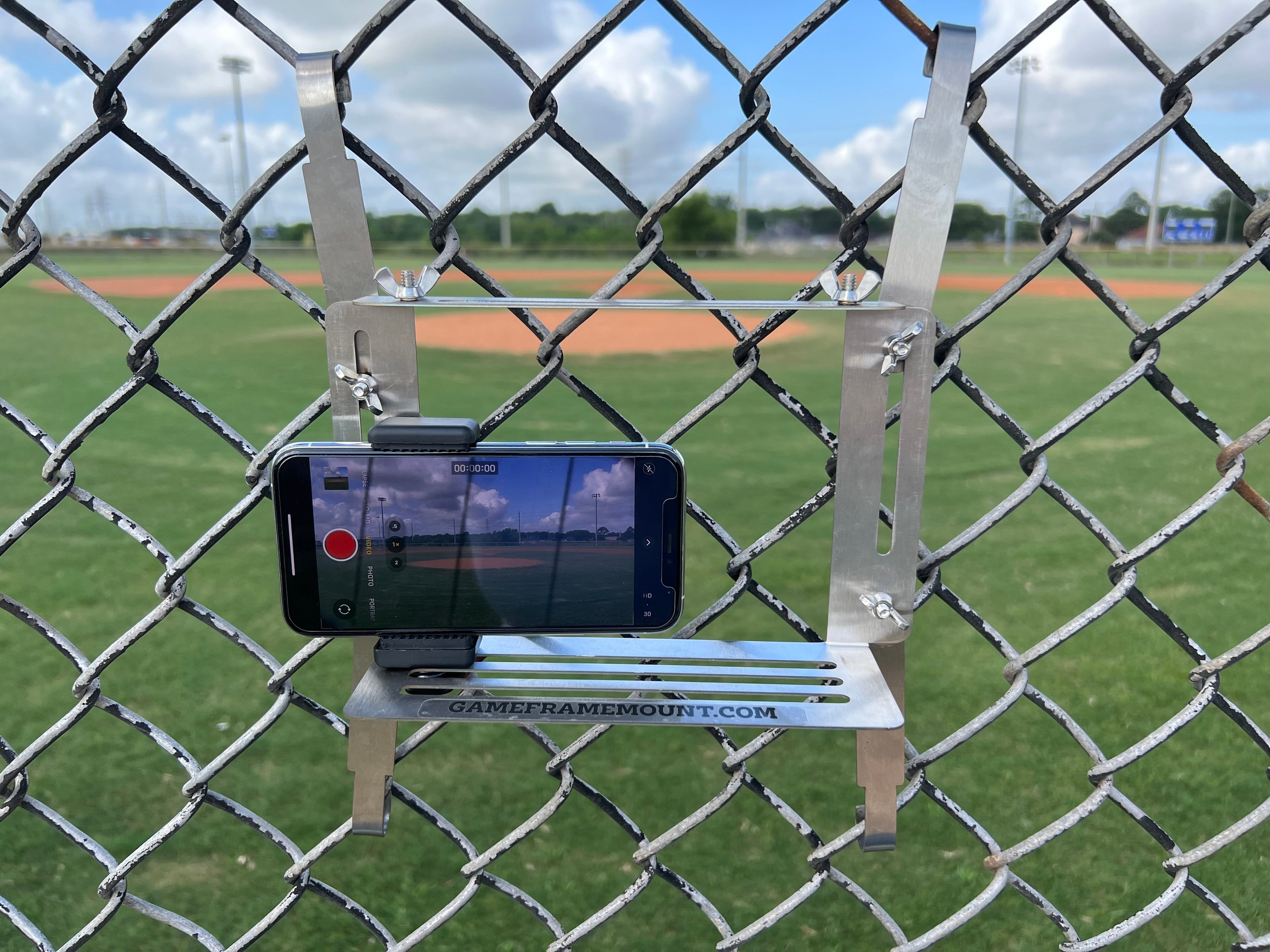 Stainless Steel Game Frame - The Ultimate Cell Phone, GoPro or Mevo Action Camera Fence Mount for Chain Link Fence (Softball, Baseball, Tennis) Made In USA