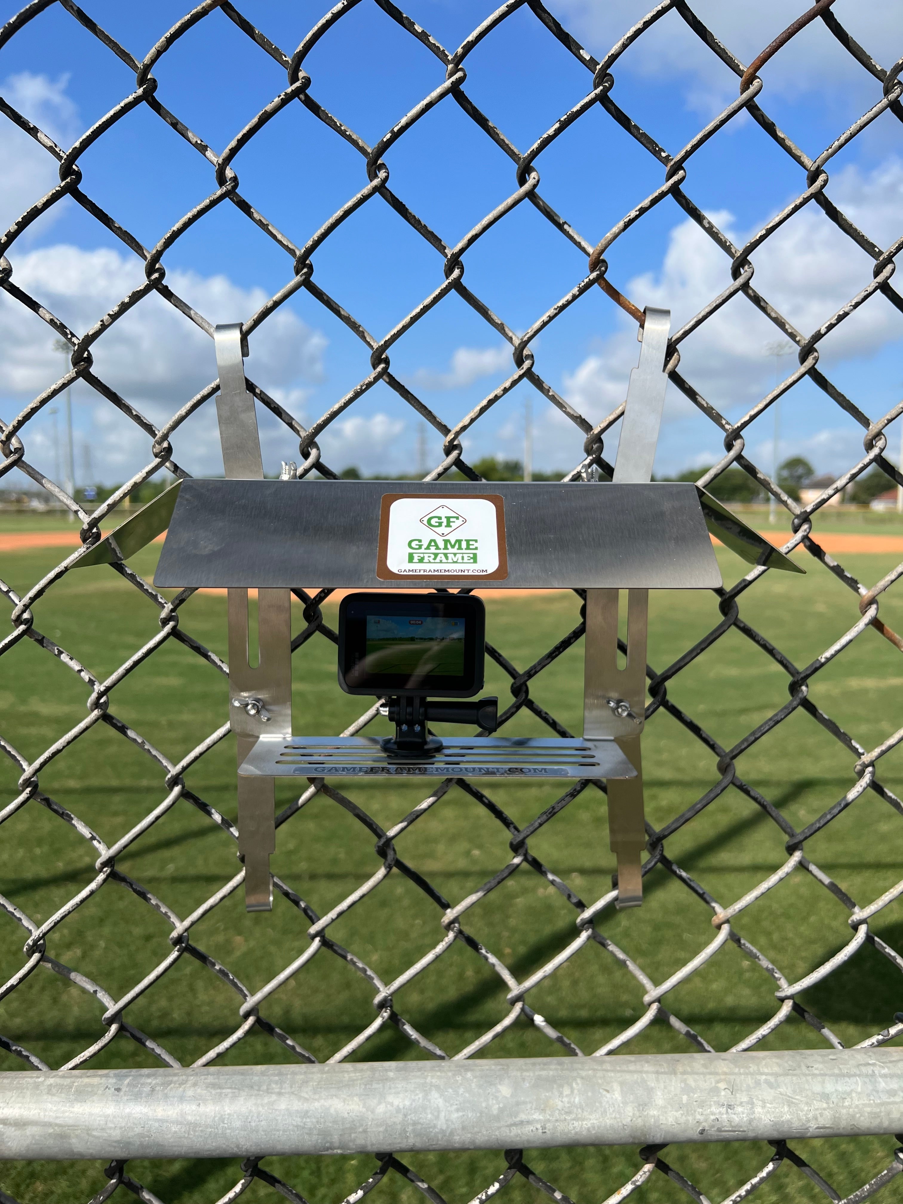 Stainless Steel Game Frame - The Ultimate Cell Phone, GoPro or Mevo Action Camera Fence Mount for Chain Link Fence (Softball, Baseball, Tennis) Made In USA