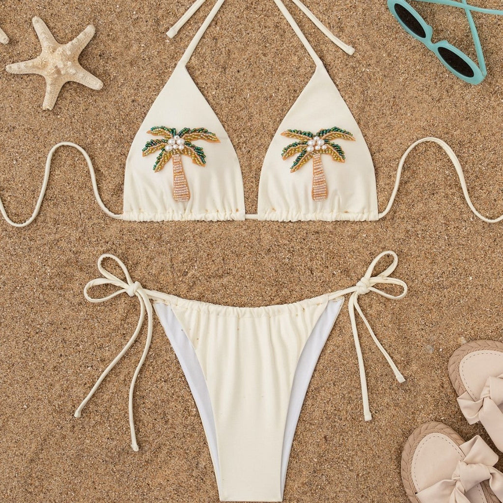 3D design women's two-piece sexy swimsuit set, tie-up bikini, solid color swimwear bikini