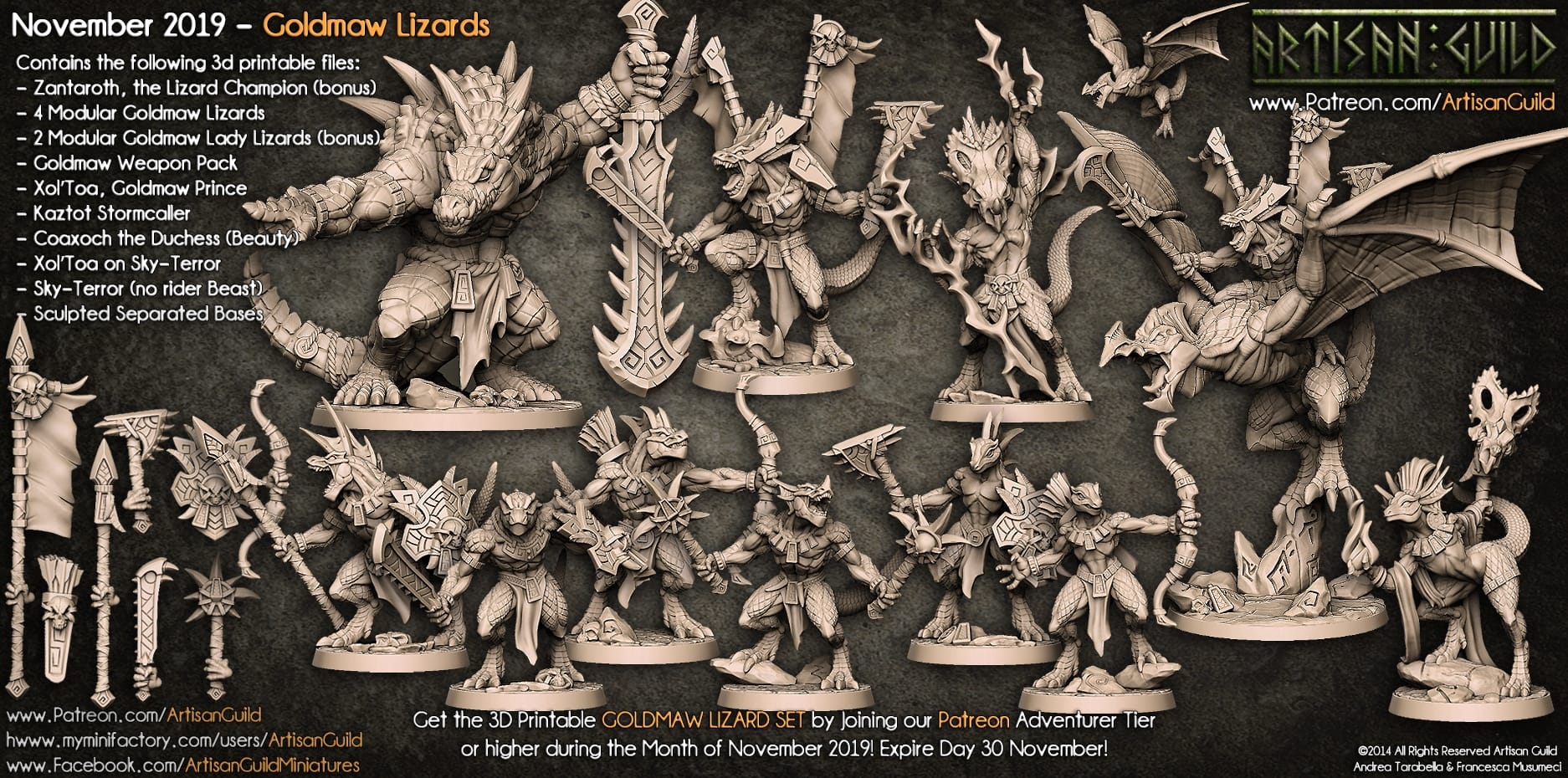 3D Printed Artisan Guild  Modular Goldmaw Lizards Goldmaw Lizards Set 28mm 32mm