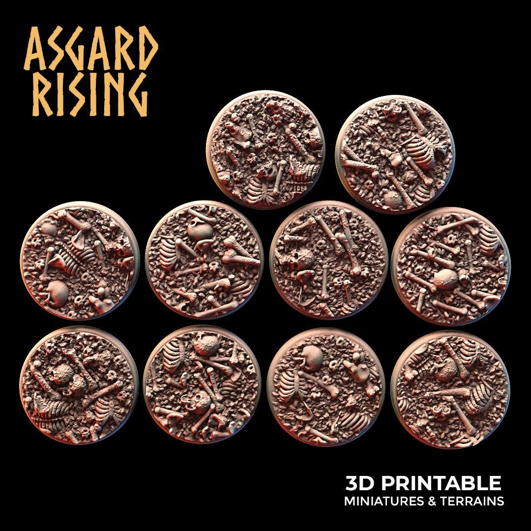 3D Printed Asgard Rising Skull and Bones Round Base Set 25 28 32 35mm D&D
