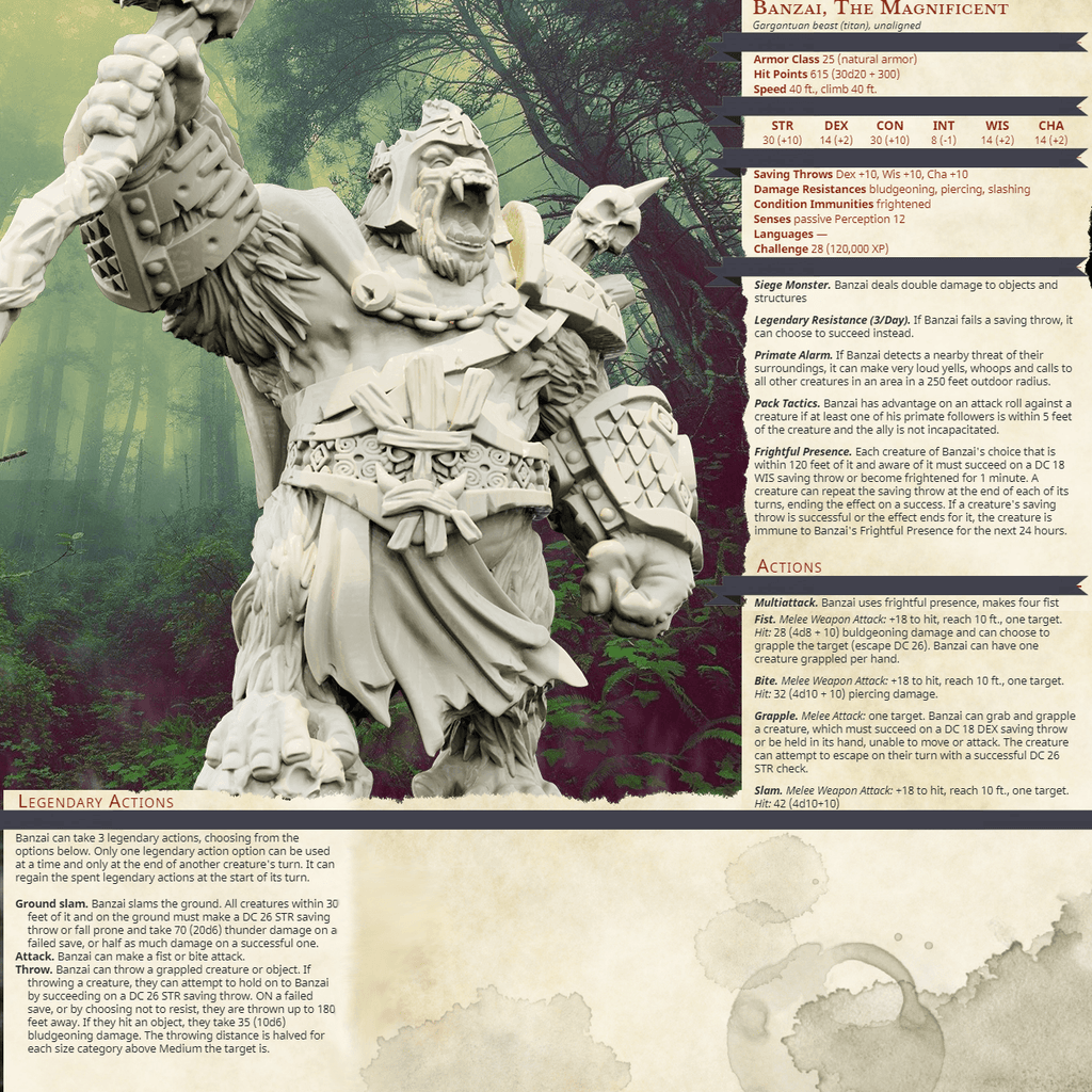 3D Printed Bestiary Vol. 4 Nafarrate - Banzai Gorilla King 32mm Ragnarok D&D