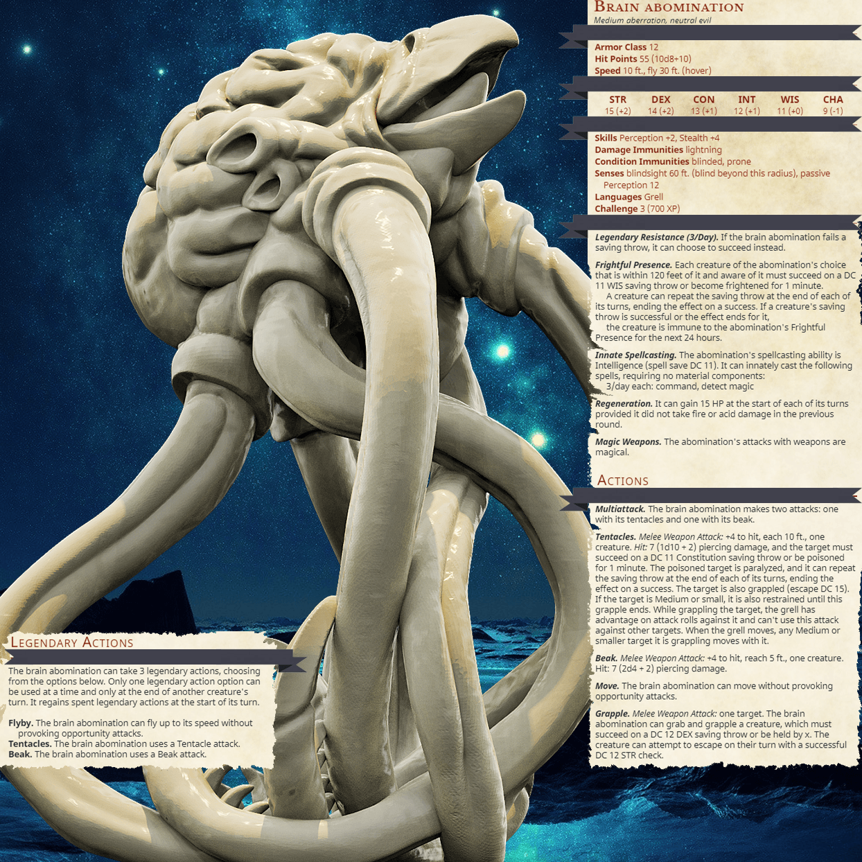 3D Printed Bestiary Vol. 4 Nafarrate - Brain Abomination 32mm Ragnarok D&D
