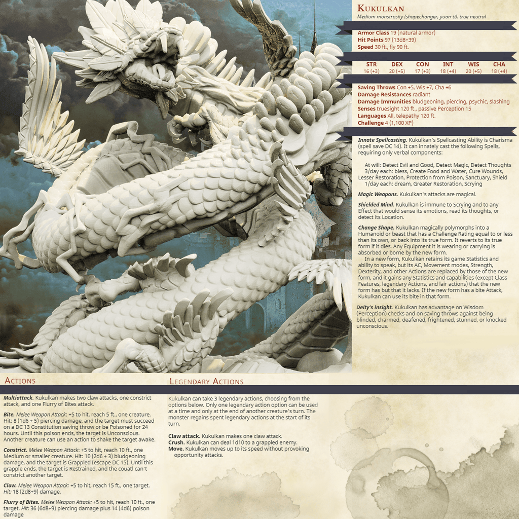3D Printed Bestiary Vol. 4 Nafarrate - Kukulkan Sea Serpent 32mm Ragnarok D&D
