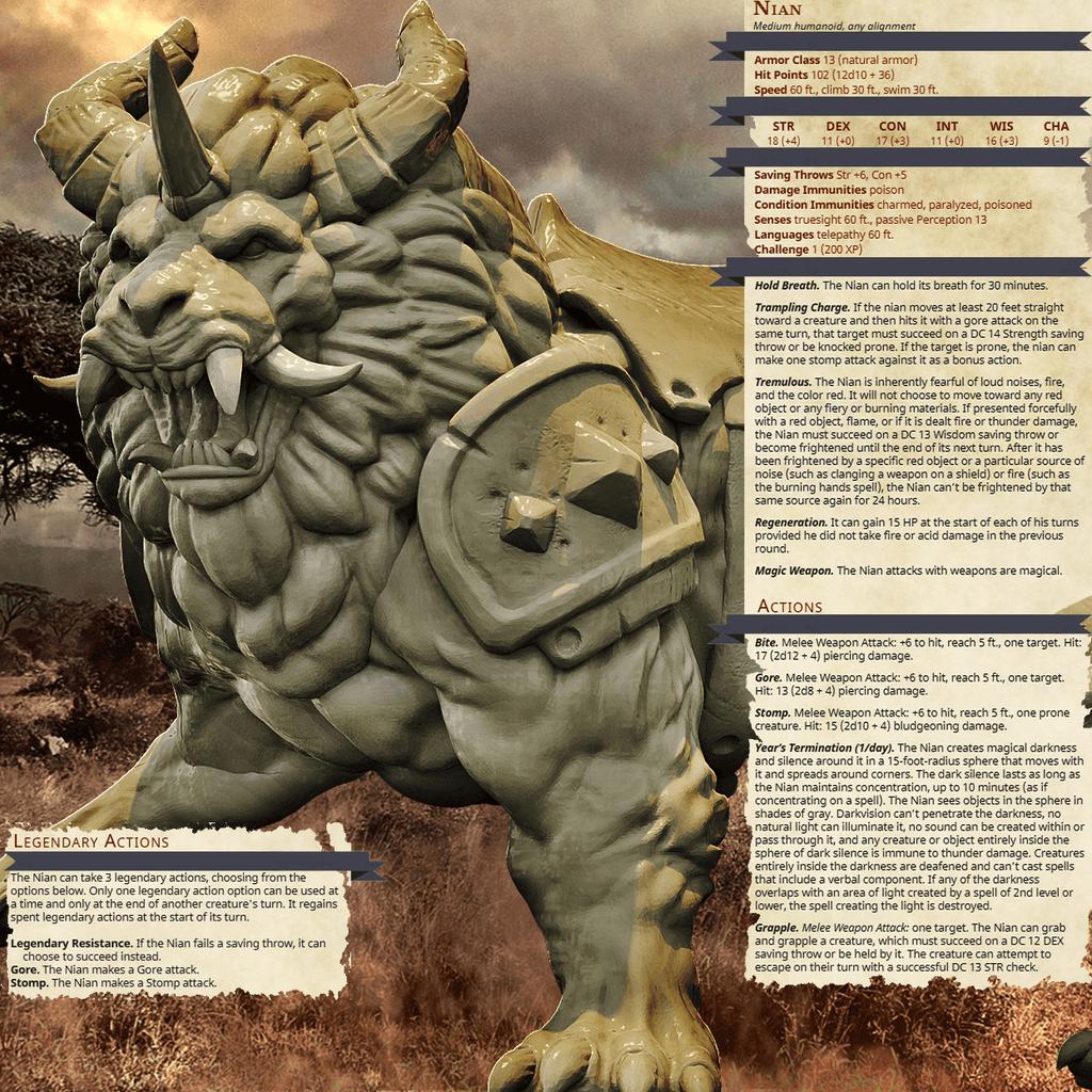 3D Printed Bestiary Vol. 4 Nafarrate - Nian Lion Mount 32mm Ragnarok D&D