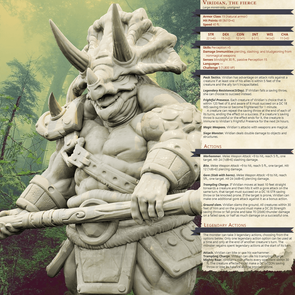 3D Printed Bestiary Vol. 4 Nafarrate - Viridian Triceratops Warrior 32mm Ragnarok D&D