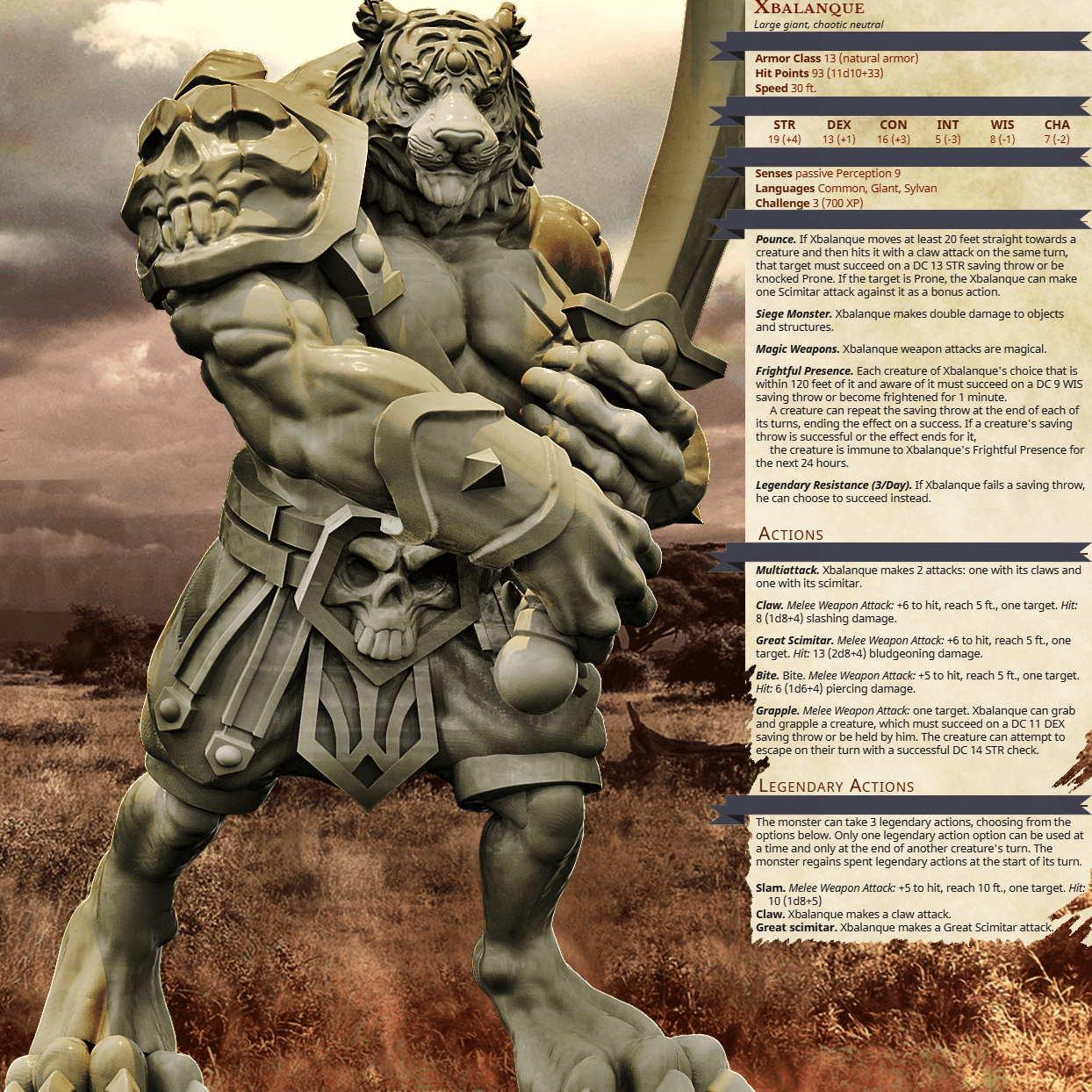 3D Printed Bestiary Vol. 4 Nafarrate - Xbalanque Tiger Warrior 32mm Ragnarok D&D