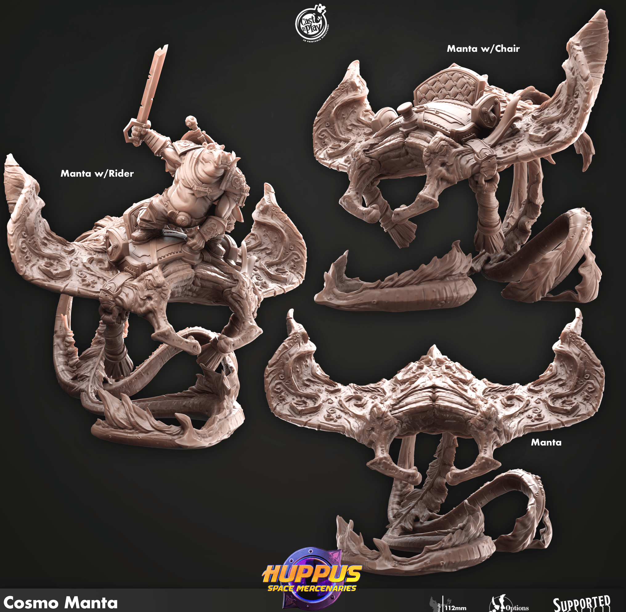 3D Printed Cast n Play 635 Cosmo Manta Huppus, Space Mercenaries Set 28mm 32mm D&D