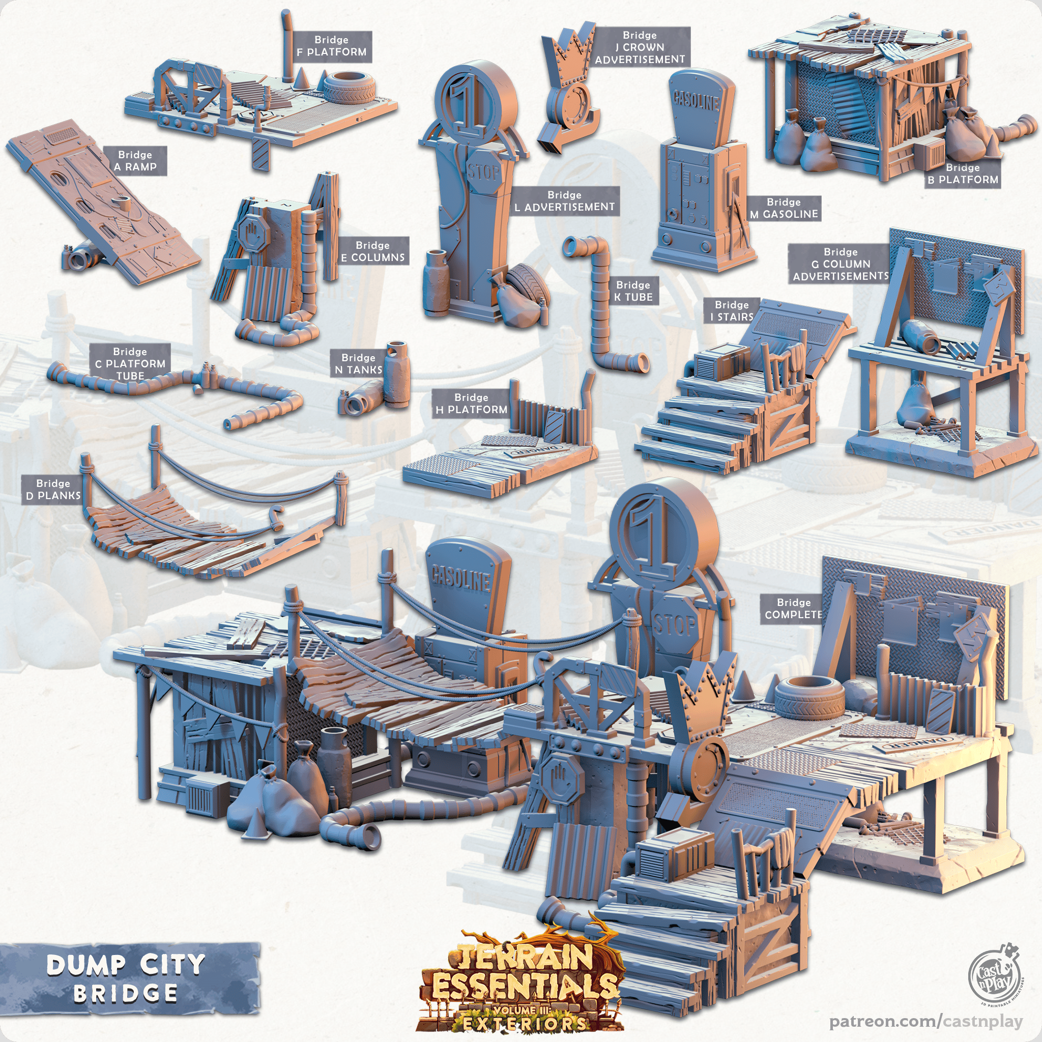 3D Printed Cast n Play Bridge Dump City Set 28mm 32mm D&D