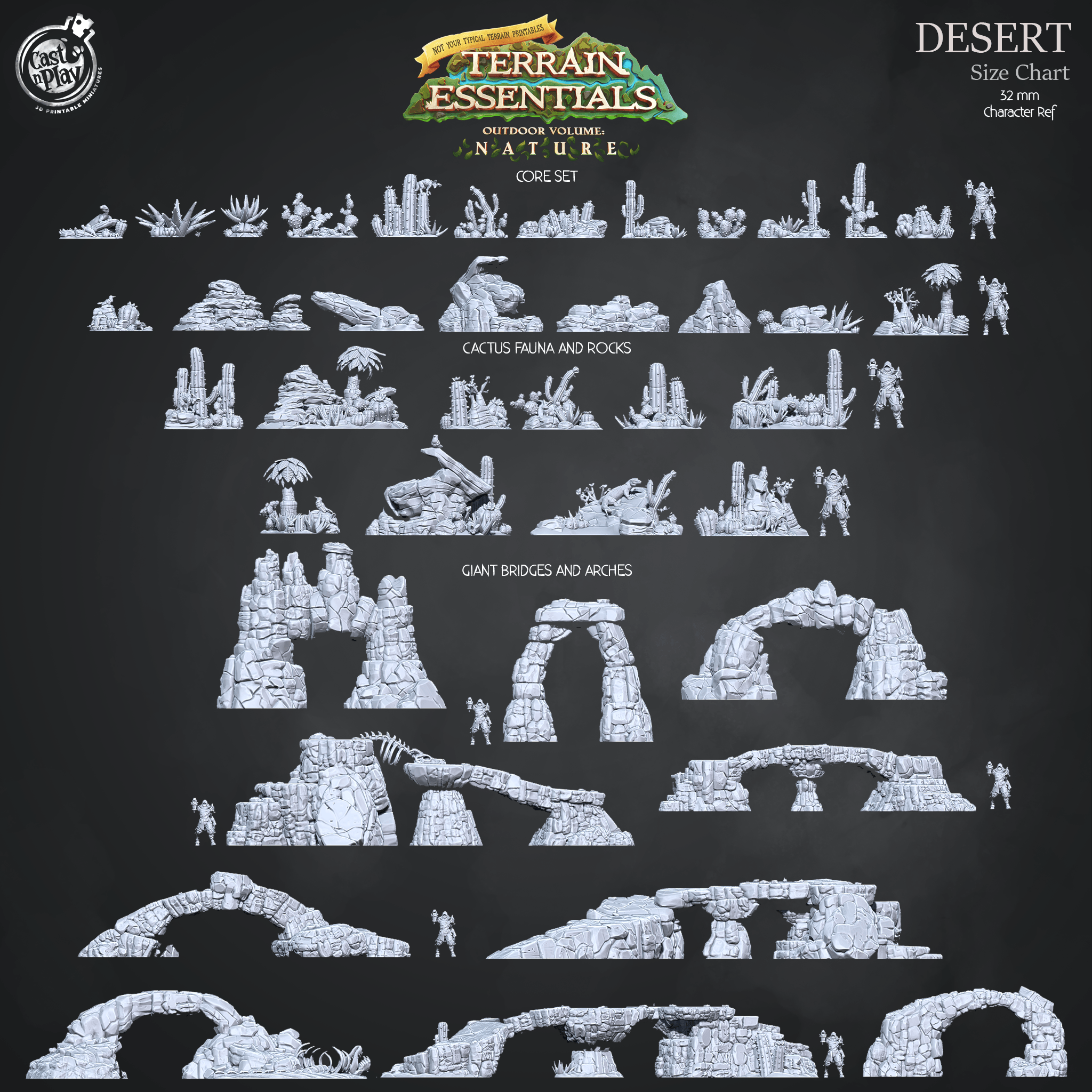 3D Printed Cast n Play Cactus, Fauna and Rocks Desert Terrain Set Terrain Essentials Nature 28mm 32mm D&D