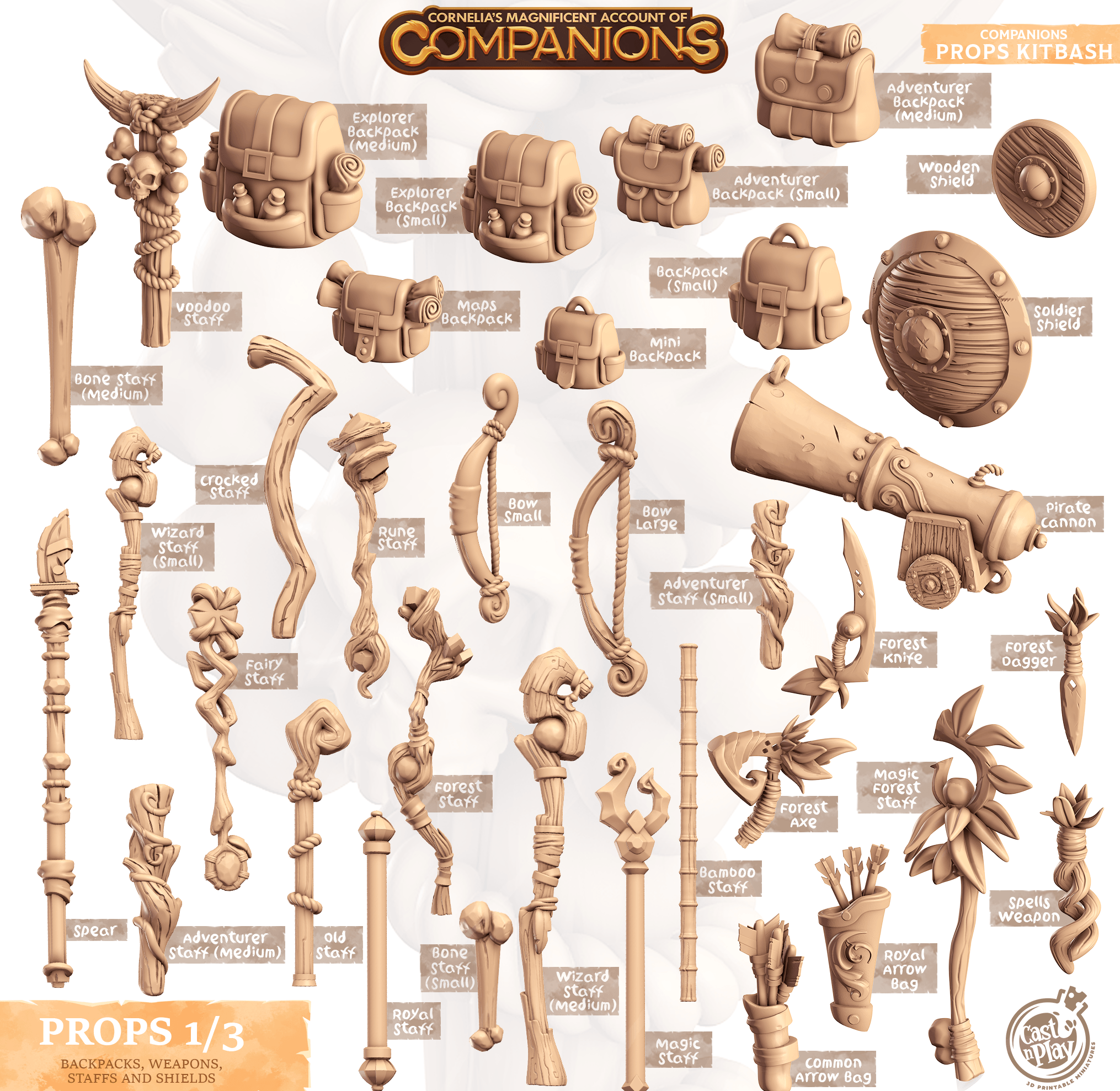 3D Printed Cast n Play Companion's Props Kitbash Companions 28mm 32mm D&D