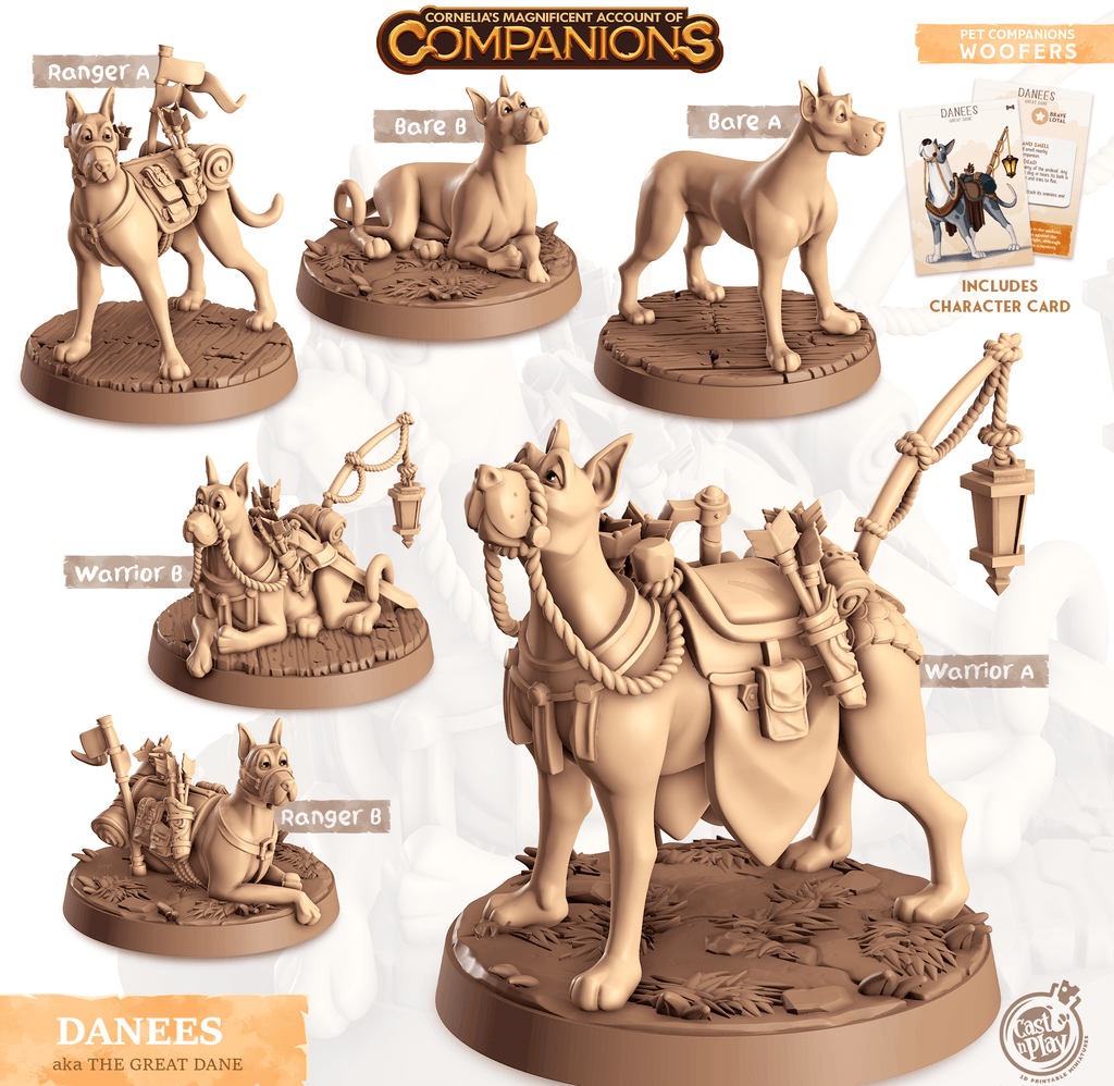 3D Printed Cast n Play Danees - Great Dane Companions 28mm 32mm D&D