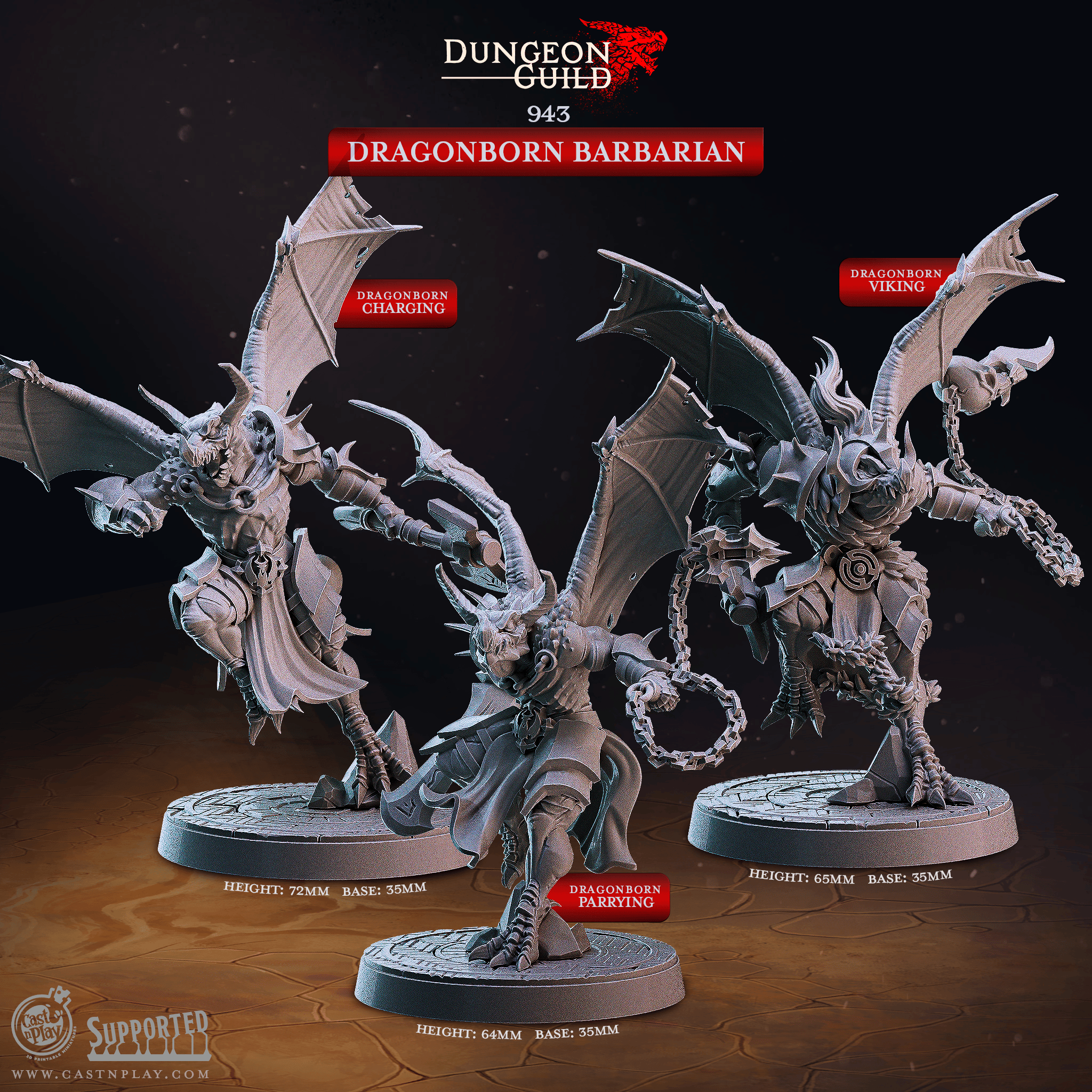 3D Printed Cast n Play Dragonborn Barbarian Dungeon Guild Set 28mm 32mm D&D