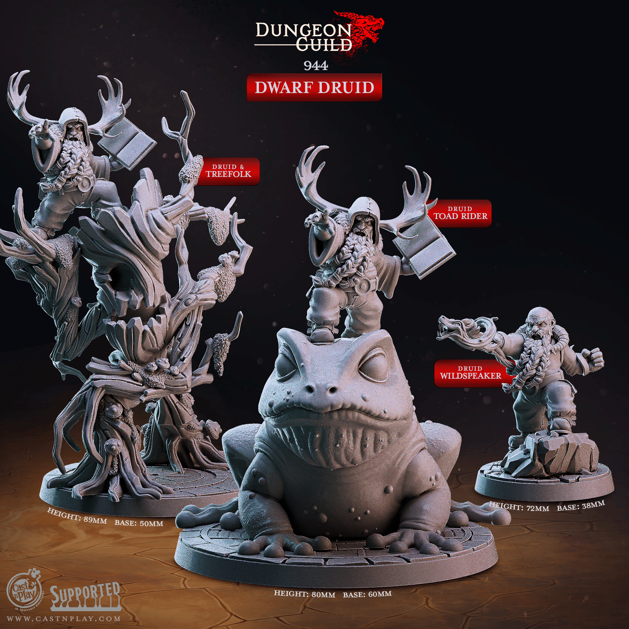 3D Printed Cast n Play Dwarf Druid Dungeon Guild Set 28mm 32mm D&D