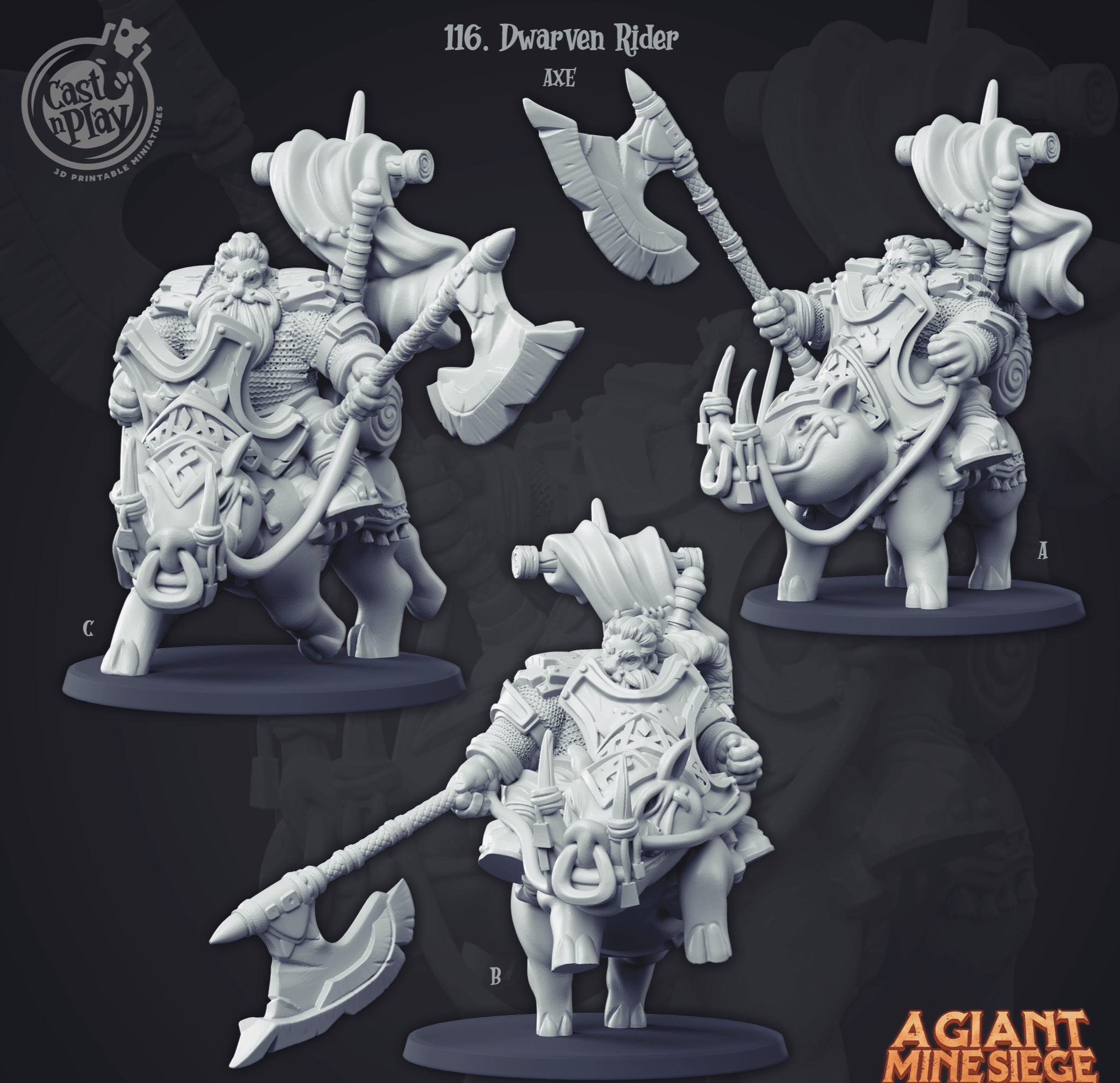3D Printed Cast n Play Dwarven Rider Axe Set A Giant Mine Siege 28mm 32mm D&D