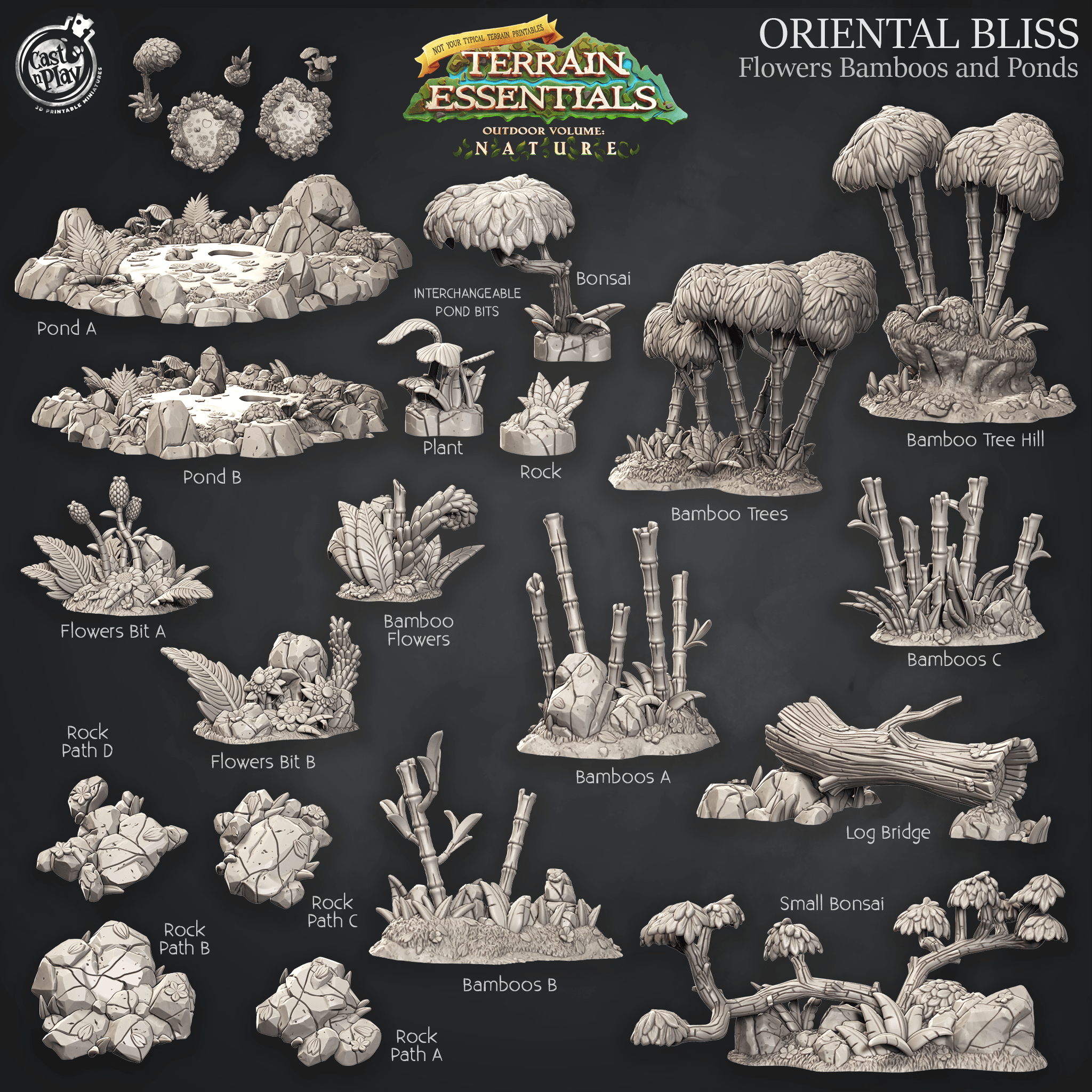 3D Printed Cast n Play Flowers Bamboo and Ponds Oriental Terrain Set Terrain Essentials Nature 28mm 32mm D&D