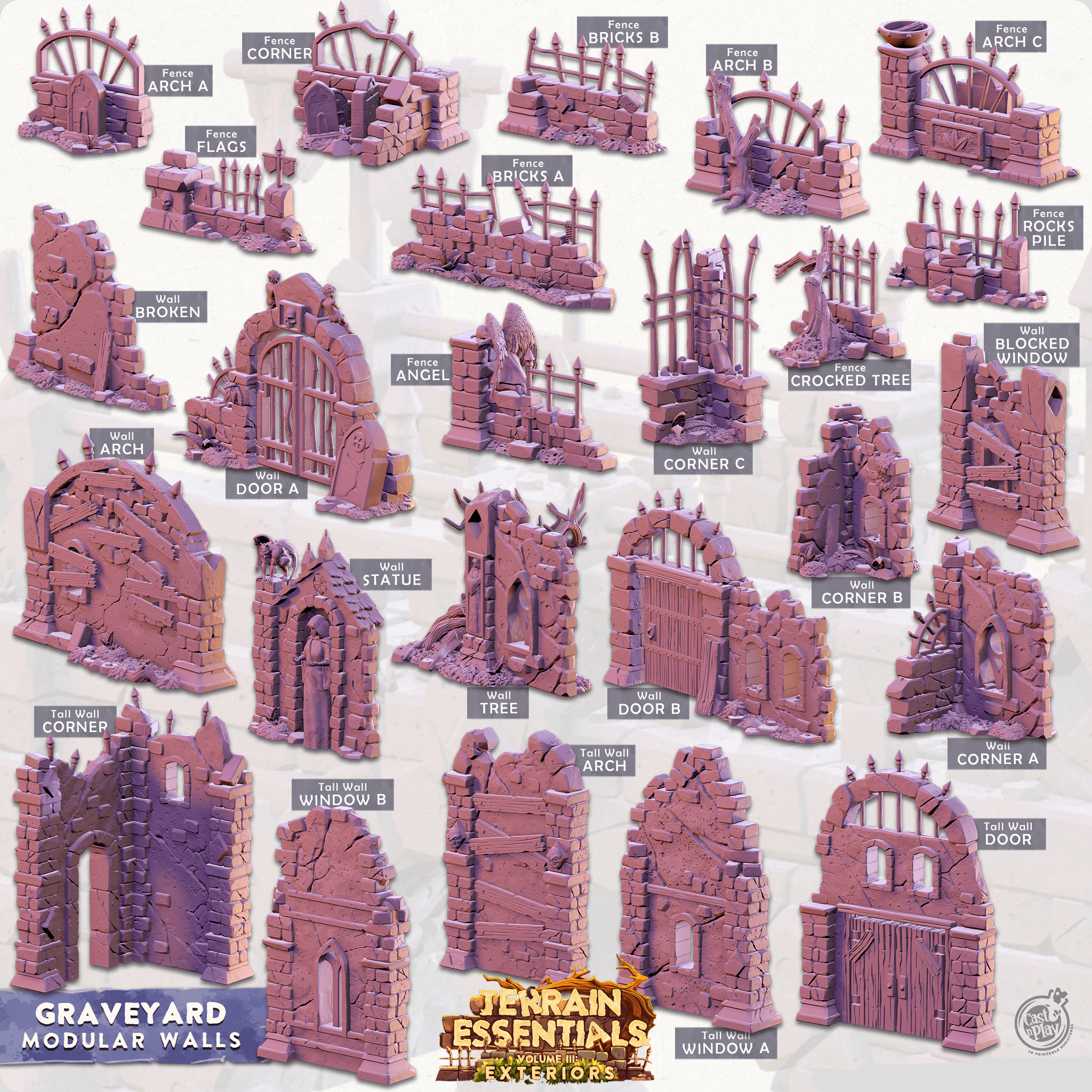3D Printed Cast n Play Graveyard - Modular Walls Graveyard Set 28mm 32mm D&D