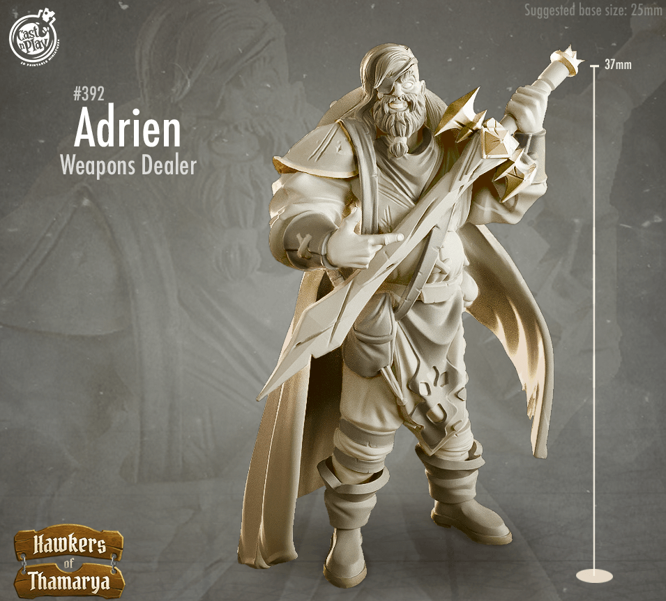 3D Printed Cast n Play Hawkers of Thamarya - Adrien the Weapons Dealer 28mm 32mm D&D