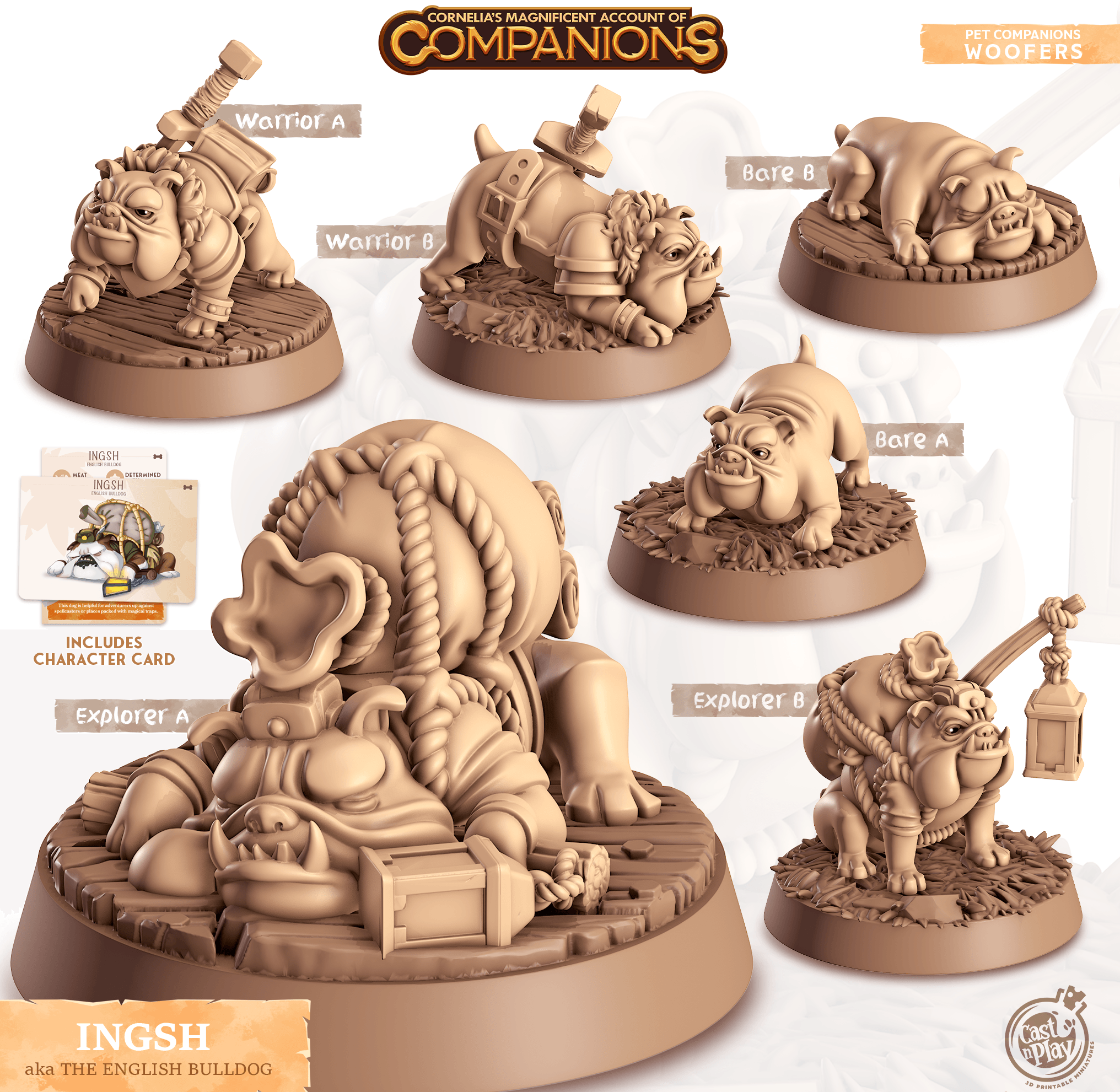 3D Printed Cast n Play Ingsh - English Bulldog Companions 28mm 32mm D&D
