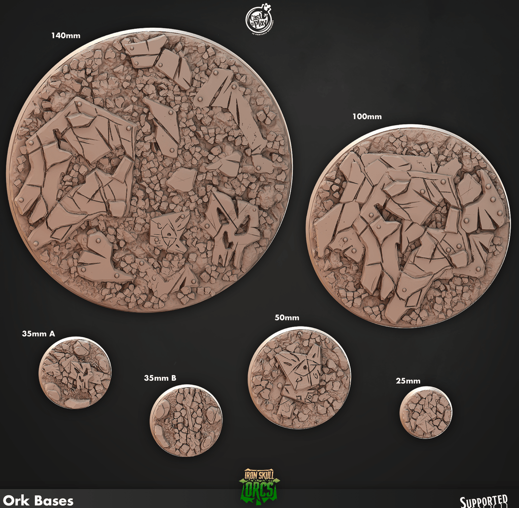3D Printed Cast n Play Iron Skull Orcs Bases Set 28mm 32mm D&D