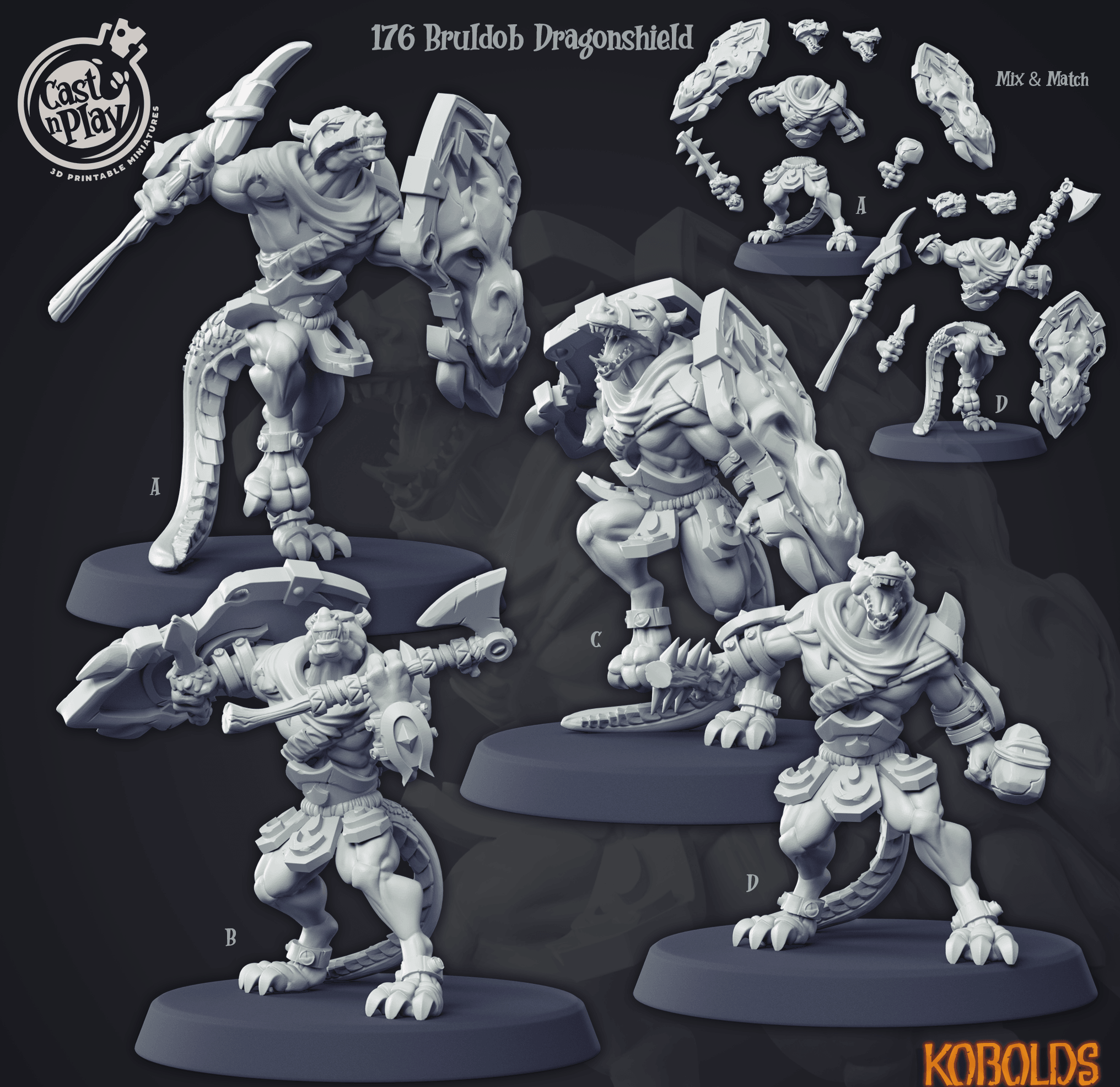3D Printed Cast n Play Kobolds Collection - Bruldob Dragonshield 28mm 32mm D&D