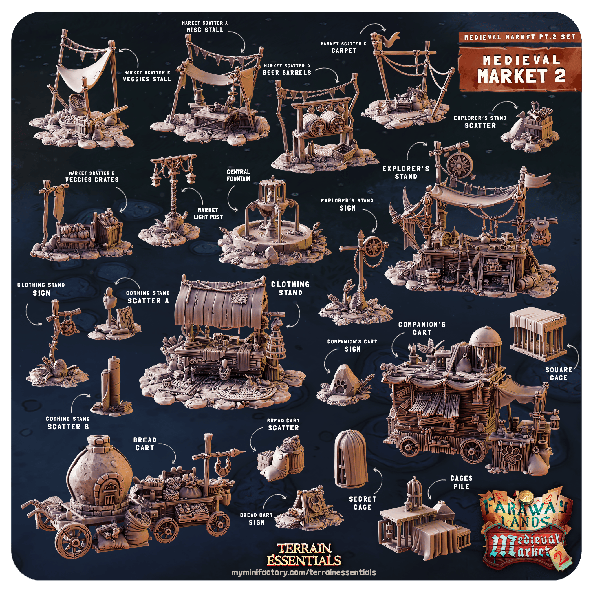 3D Printed Cast n Play Medieval Market 2 Terrain Set 28mm 32mm D&D