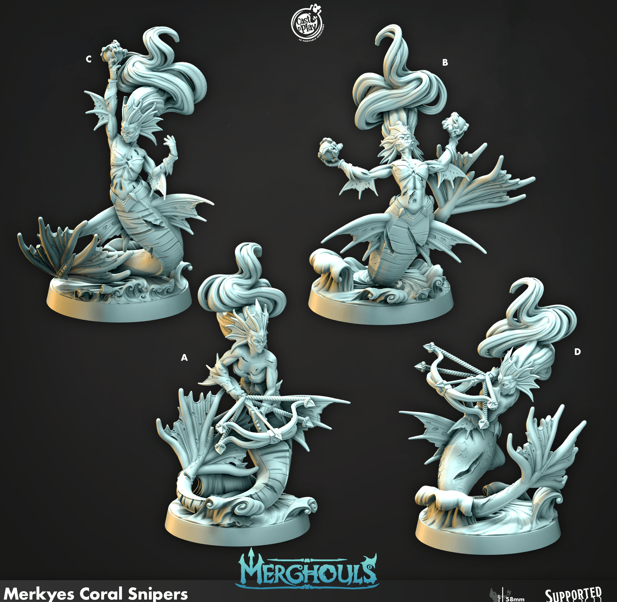 3D Printed Cast n Play Merghouls Merkyes Coral Snipers 28mm 32mm D&D