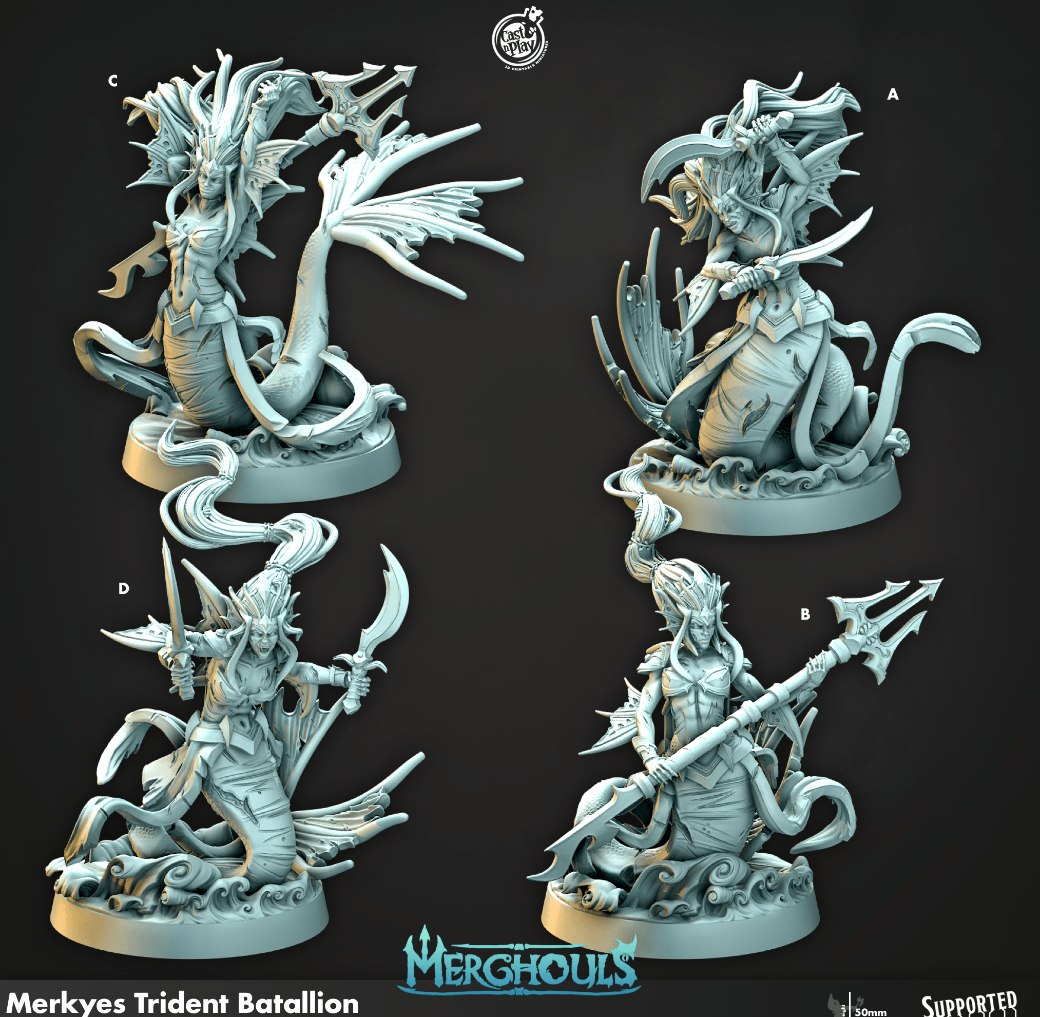 3D Printed Cast n Play Merghouls Merkyes Trident Batallion 28mm 32mm D&D