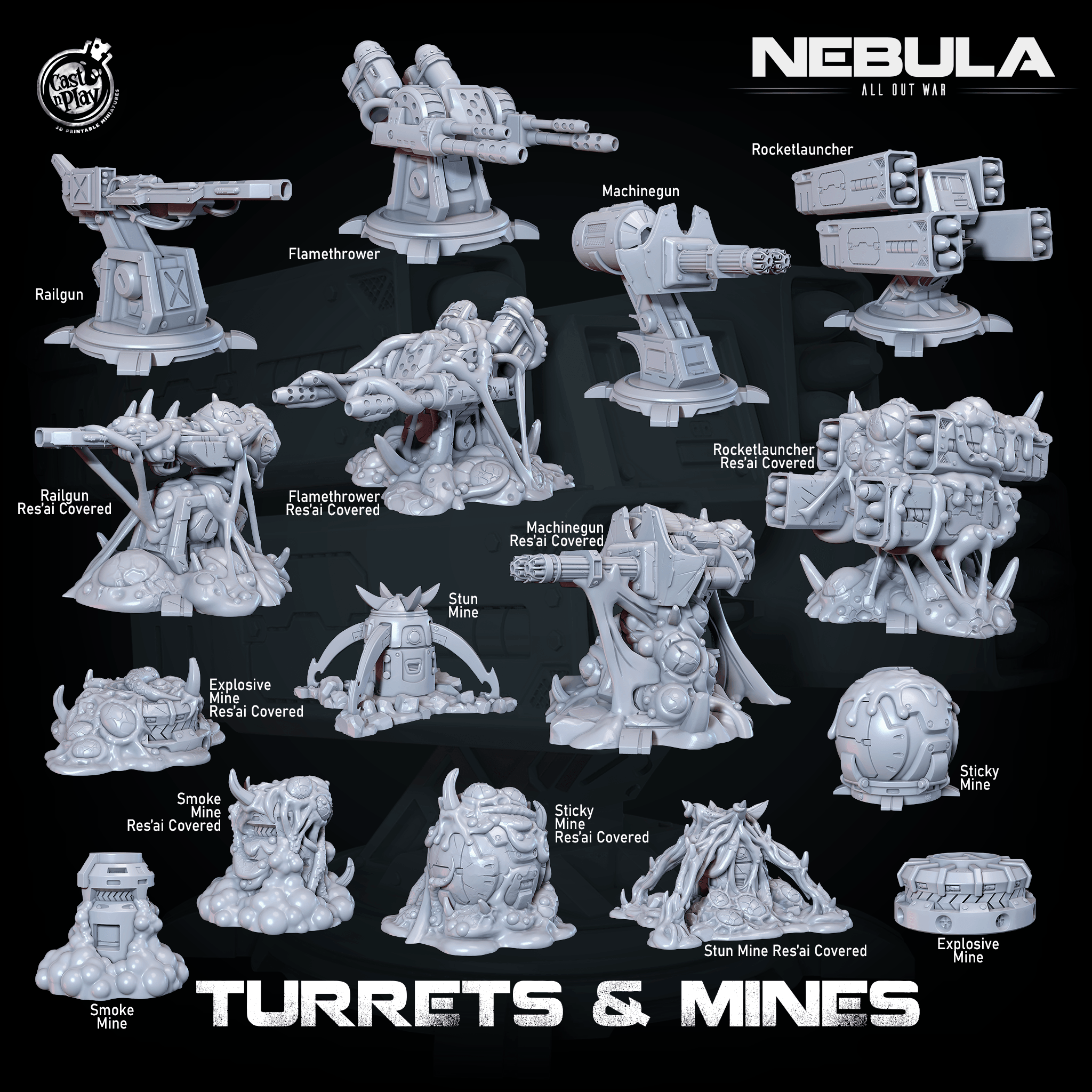3D Printed Cast n Play Mines And Turrets Nebula All Out War 28mm 32mm D&D