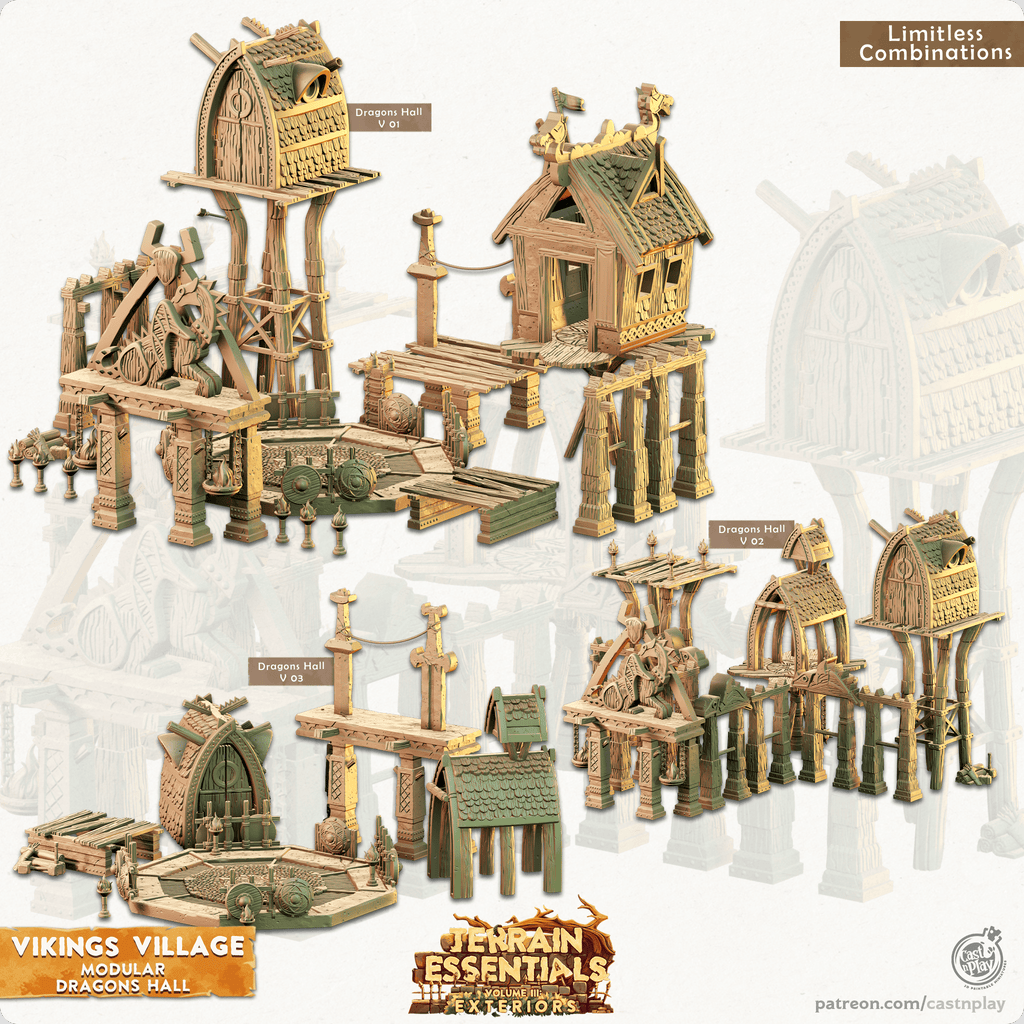 3D Printed Cast n Play Modular Dragon's Hall Vikings Village Set 28mm 32mm D&D