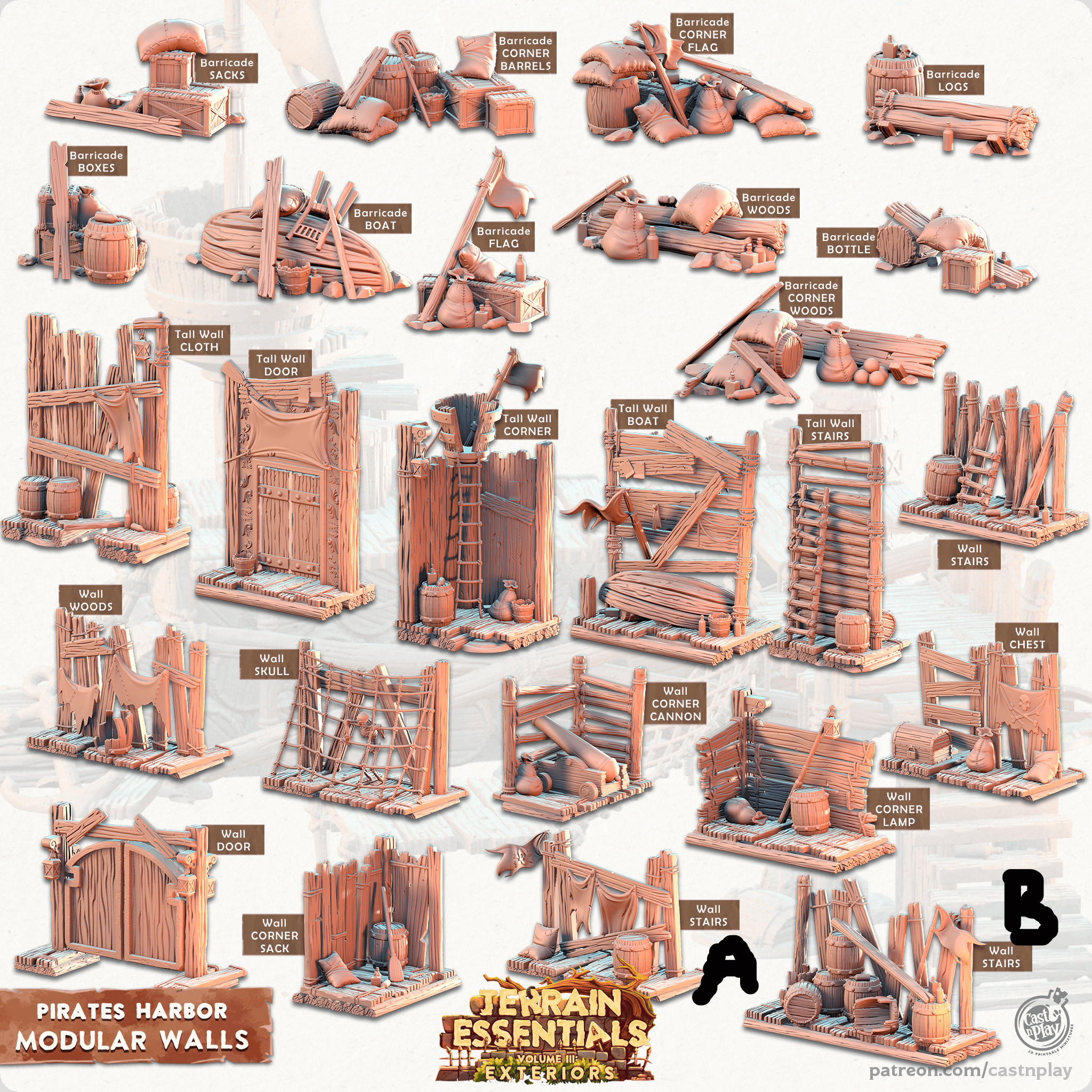 3D Printed Cast n Play Modular Walls Pirates Harbor Set 28mm 32mm D&D
