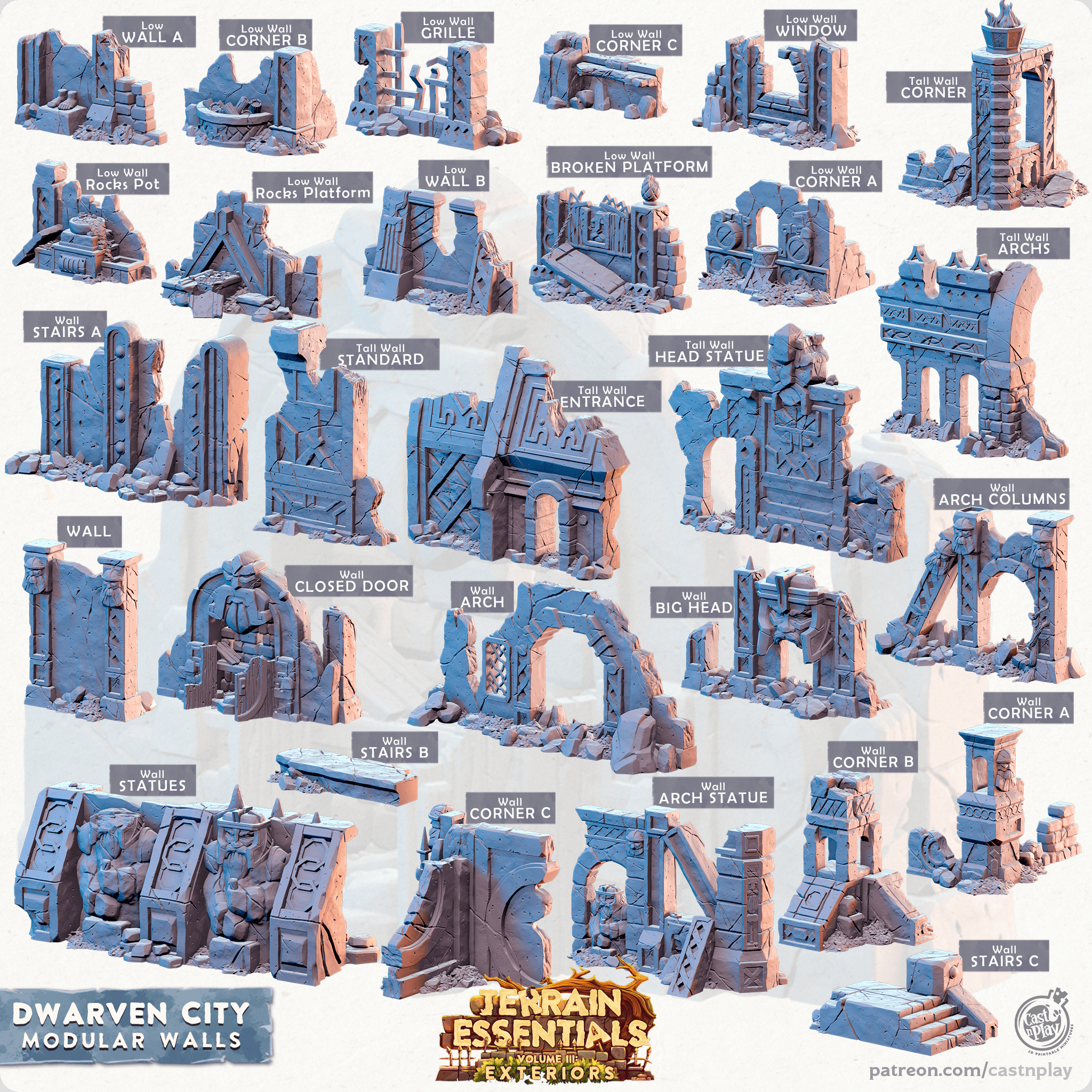 3D Printed Cast n Play Modular Walls Terrain Essentials Vol III Exteriors Dwarven City Set 28mm 32mm D&D