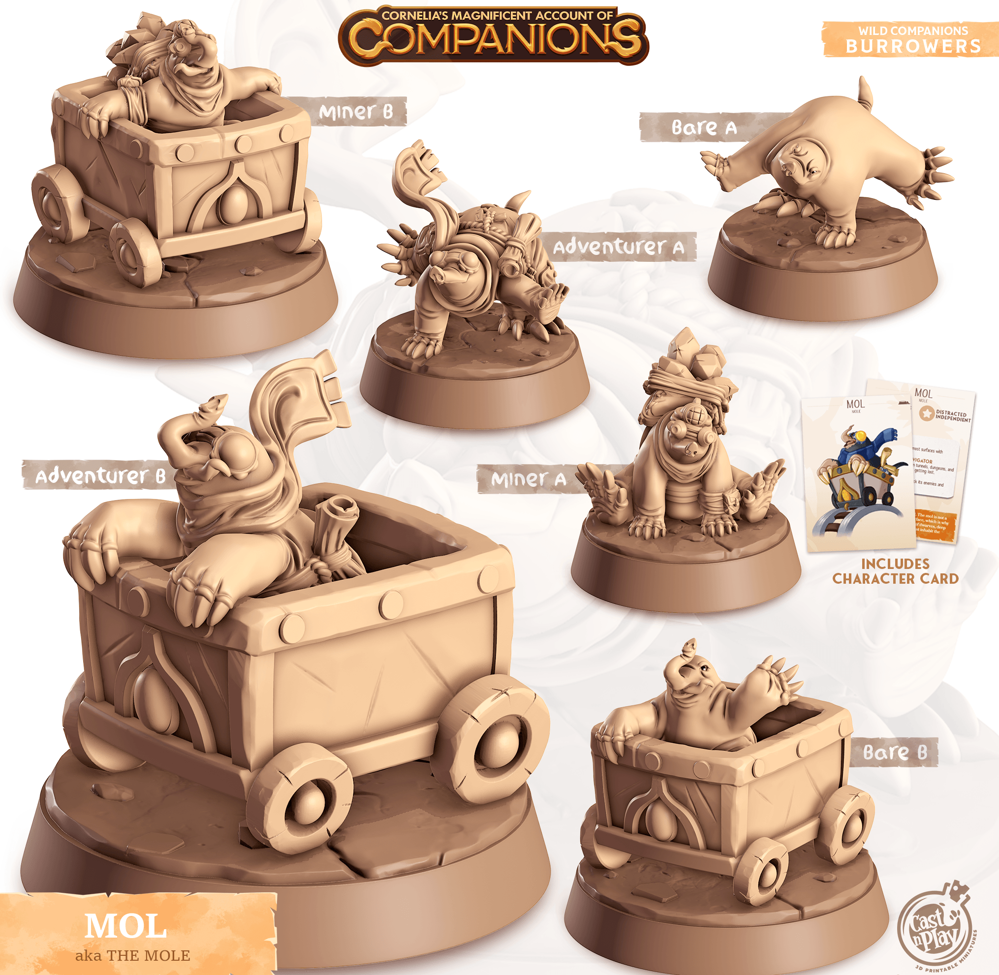 3D Printed Cast n Play Mol - Mole Companions 28mm 32mm D&D