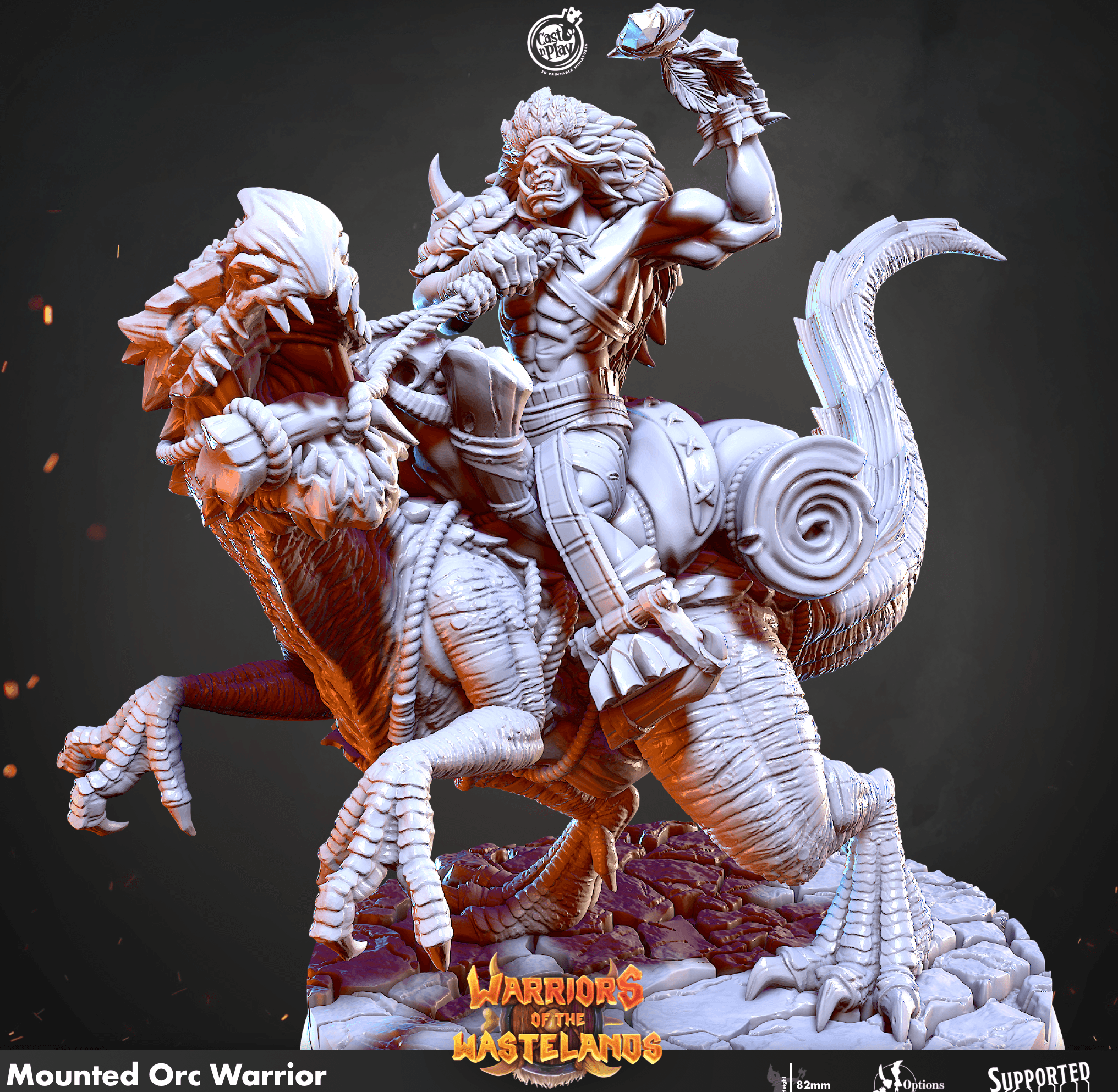 3D Printed Cast n Play Mounted Orc Warrior Warriors of the Wastelands 28mm 32mm D&D