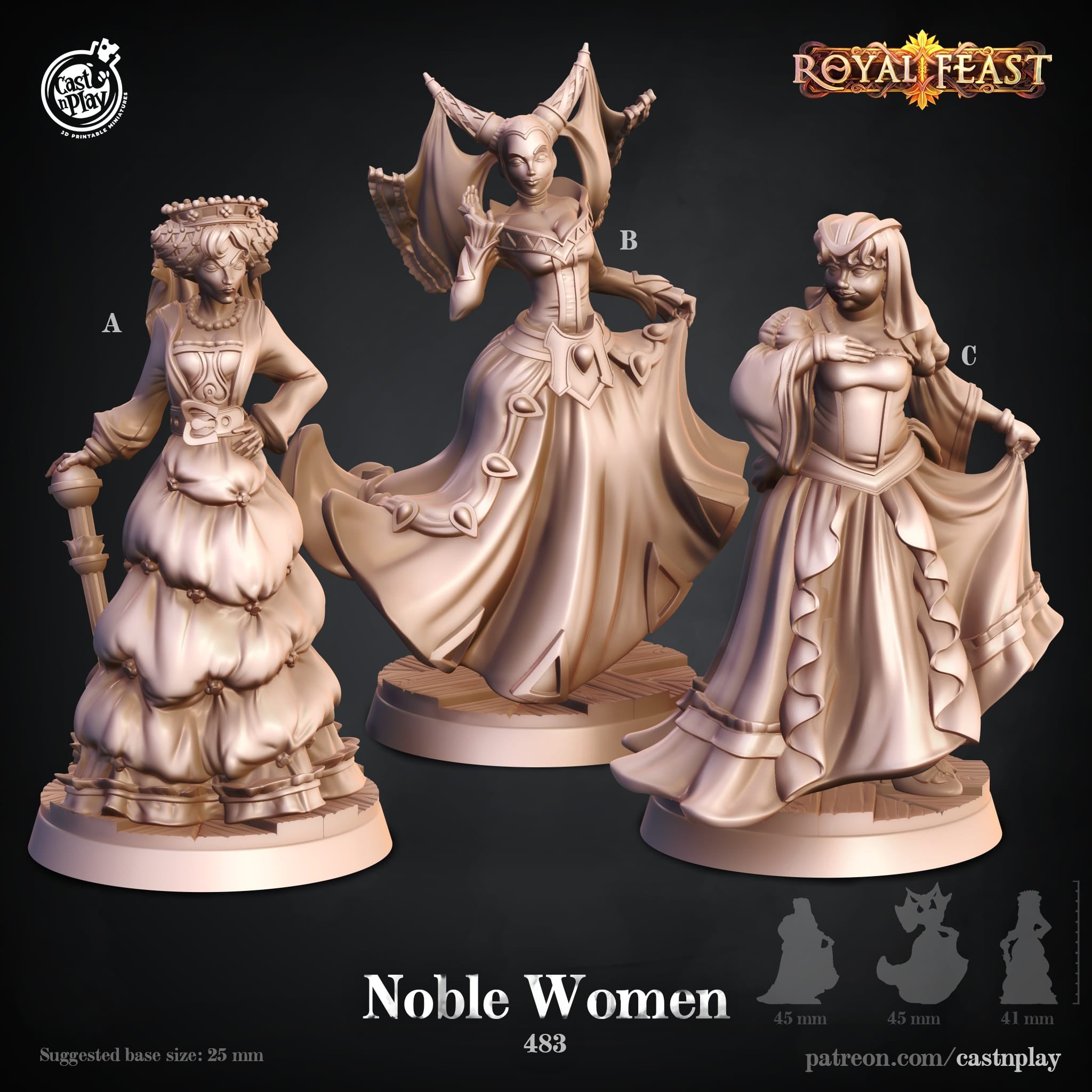 3D Printed Cast n Play Noble Women Royal Feast Death Tiles 28mm 32mm D&D